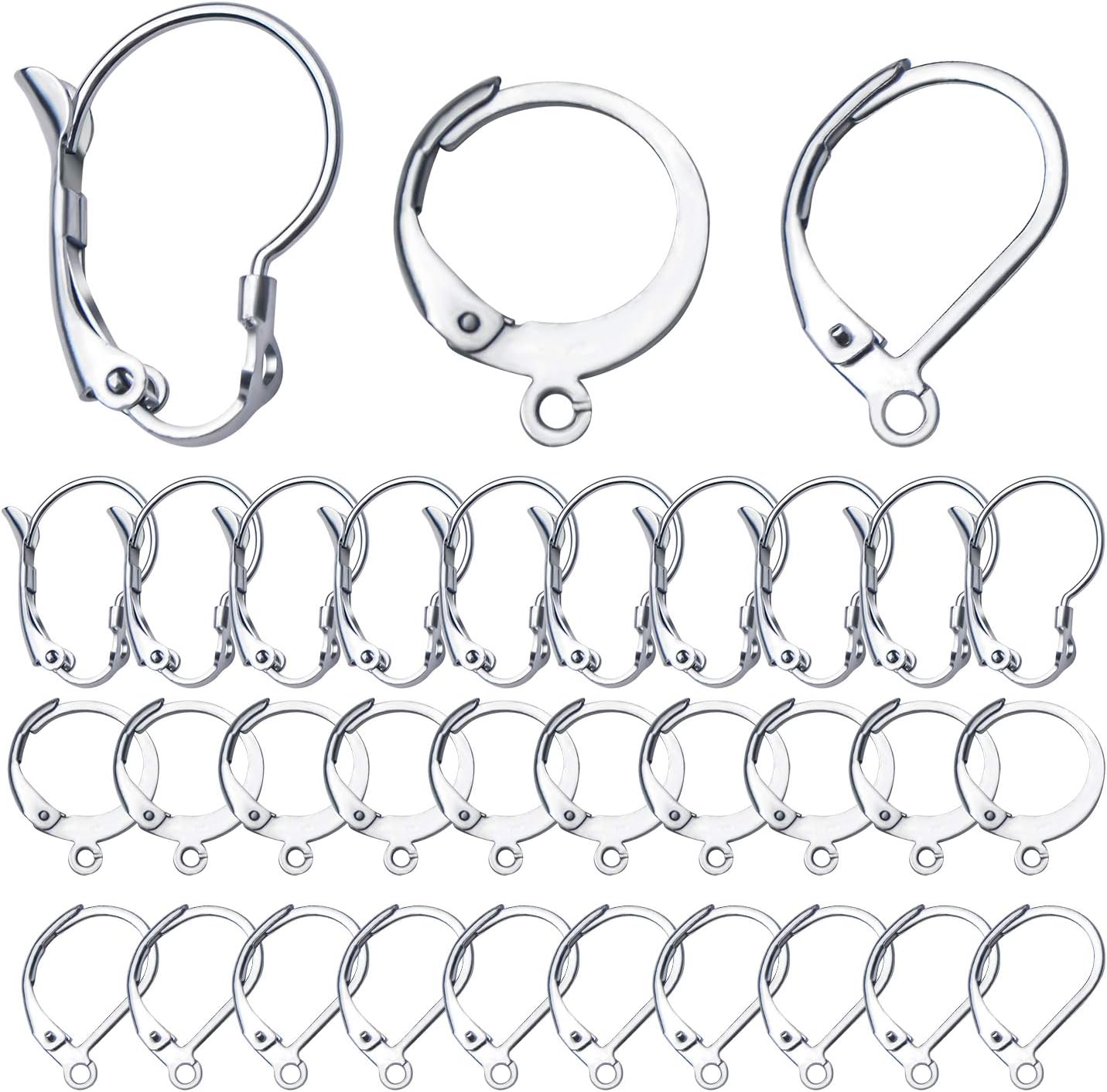 30pcs Stainless Steel Leverback Earrings Hooks: Round, Oval, Gourd - Silver