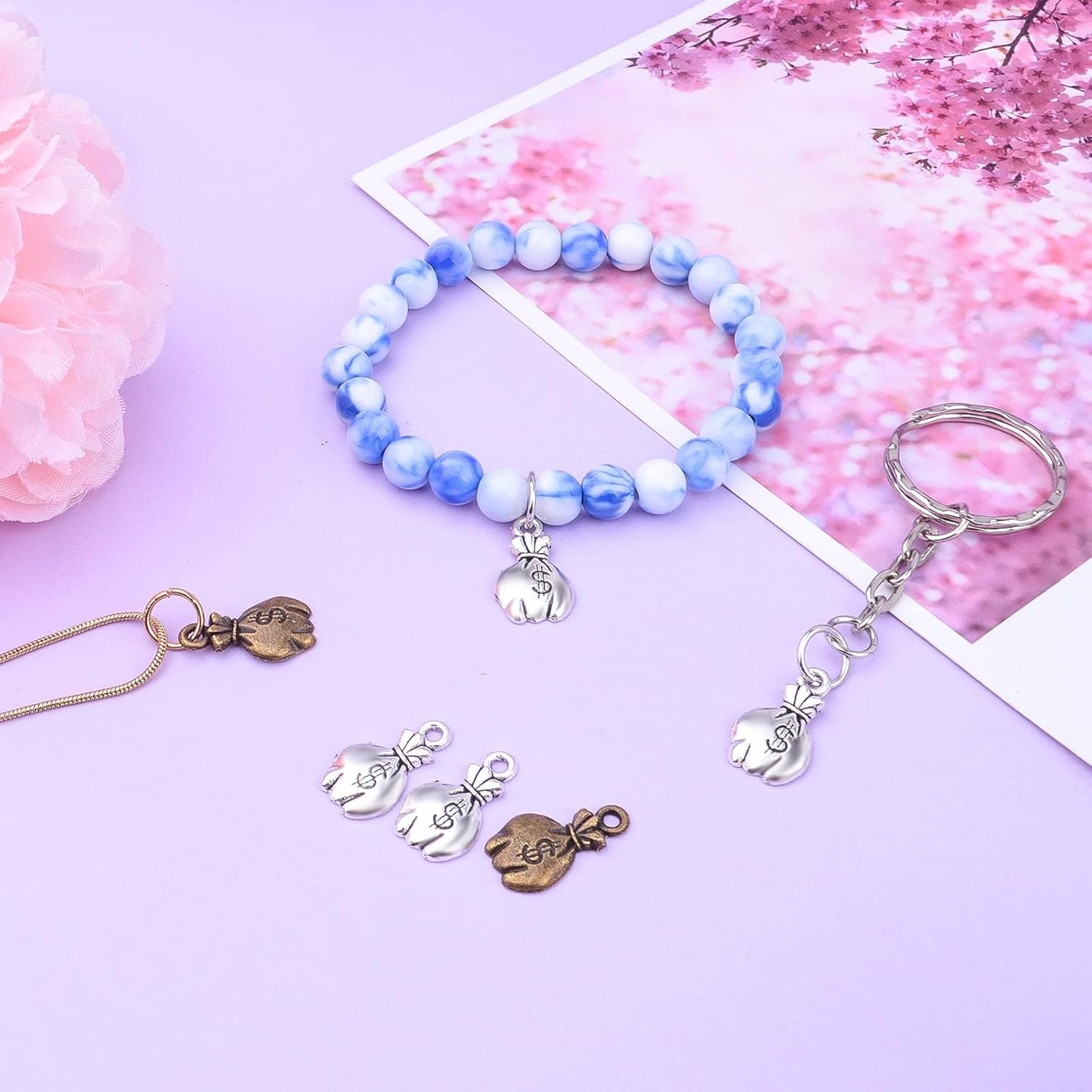100pcs Mini US Dollar Sign Money Bag Charms Pendants Tibetan Alloy Dollar Money Charms Jewelry Making Accessories for DIY Earrings Bracelets Necklace, 2 Colors