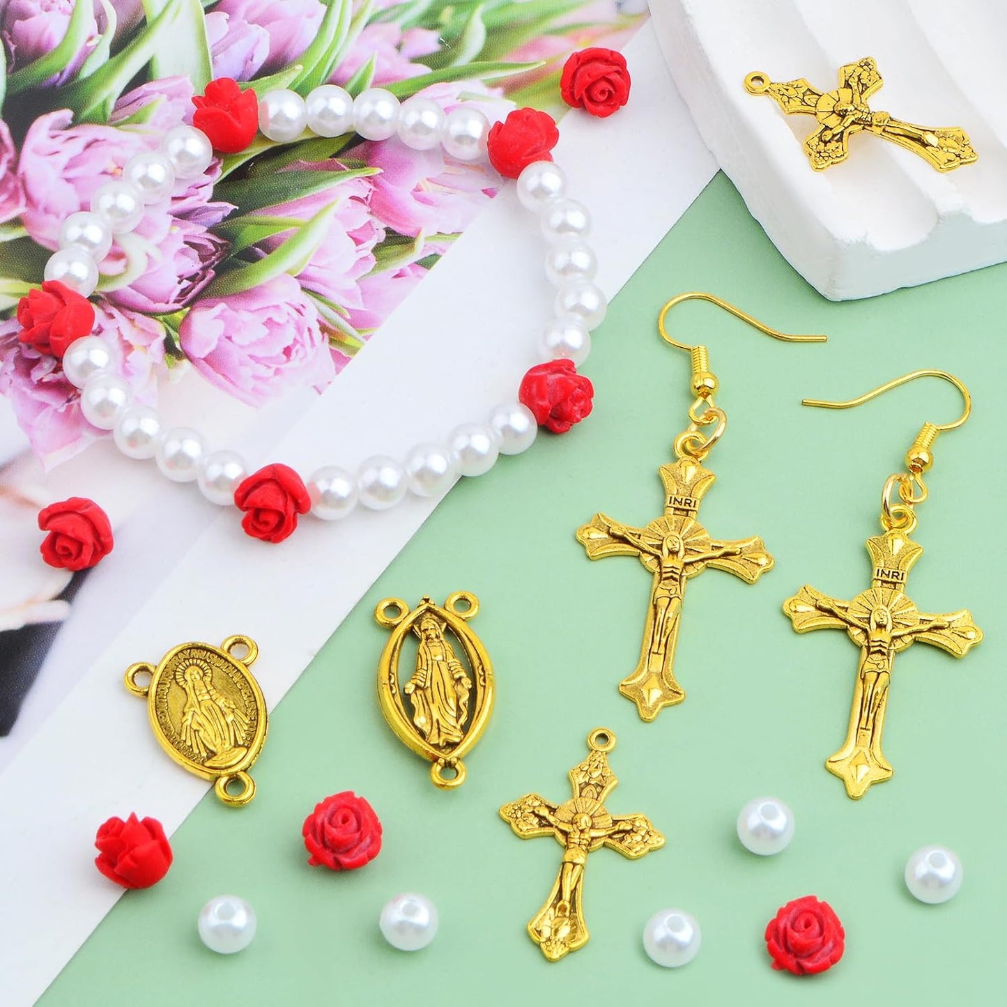 10pcs Antique Golden Jesus Cross Charms, 10pcs Virgin Mary Pendant Links, 30pcs Cinnabar Red Rose Beads and 500pcs White Pearls Kit for DIY Rosary Necklace Crafts Jewelry Making