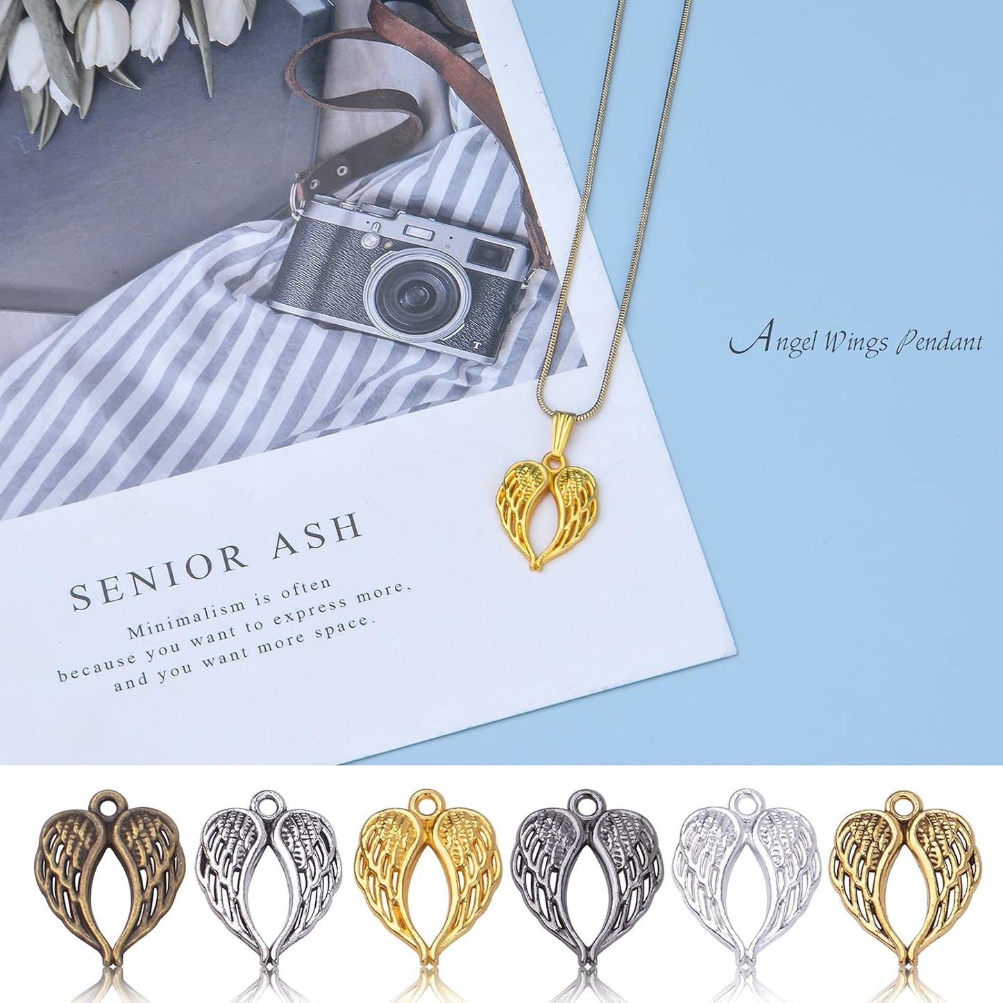 Angel Wings Feathers Charms, 60pcs Alloy Fairy Pendant Craft Supplies Beads Charm for Diy Bracelet Necklace Jewelry Making, 6 Colors
