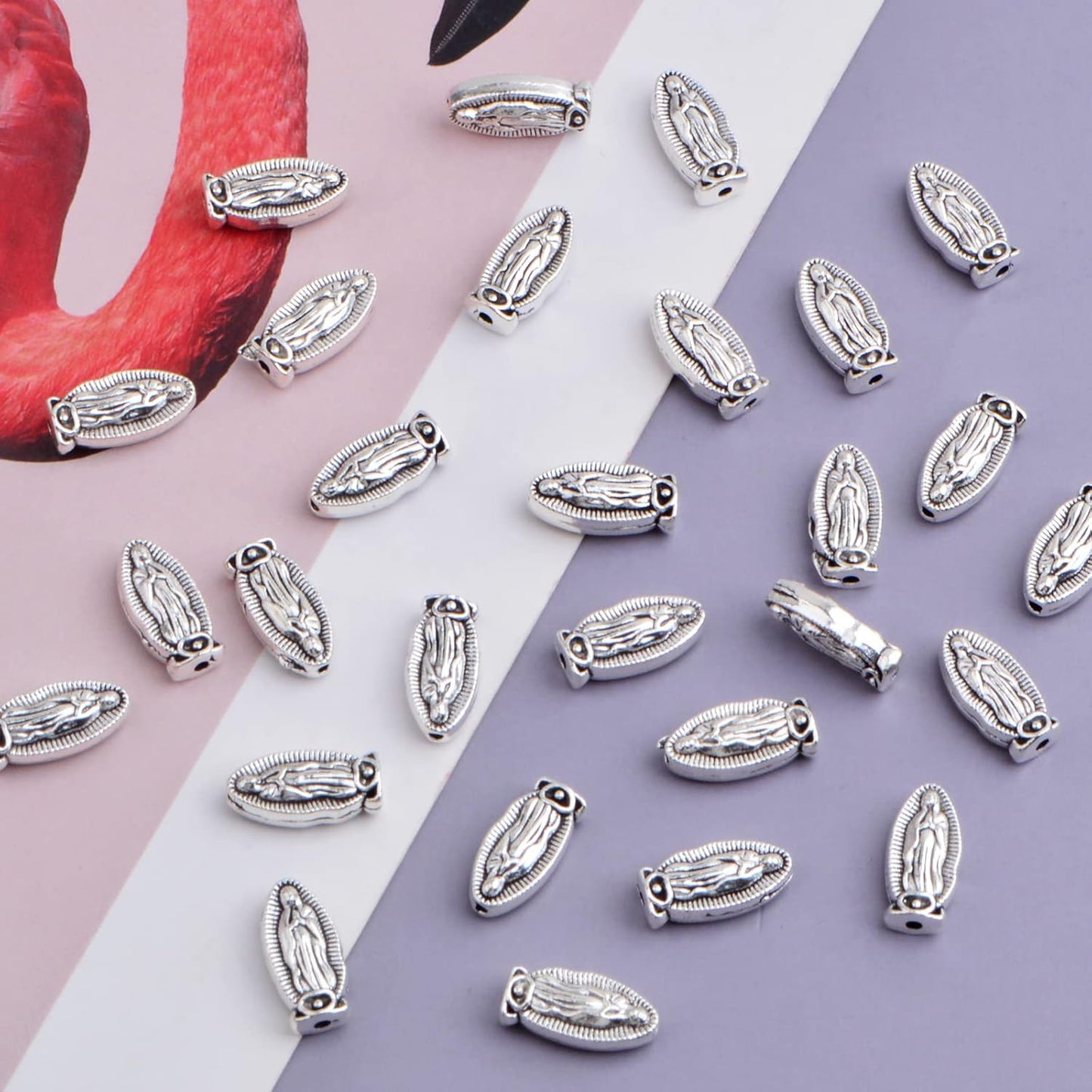 100pcs Antique Silver Religious Jesus Beads Alloy Virgin Mary Our Lady Rosary Spacer Beads Double-Sided Loose Beads for DIY DIY Rosary Bracelet Necklace Jewelry Making