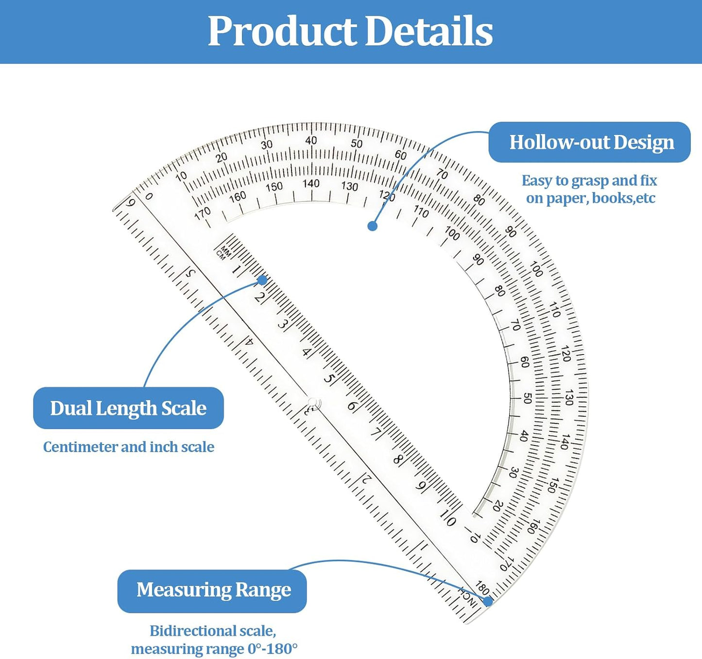 Aylifu Plastic Protractor,4 Pack Math Protractors Clear 180 Degrees,Transparent Protractor for Geometry(6 Inch)