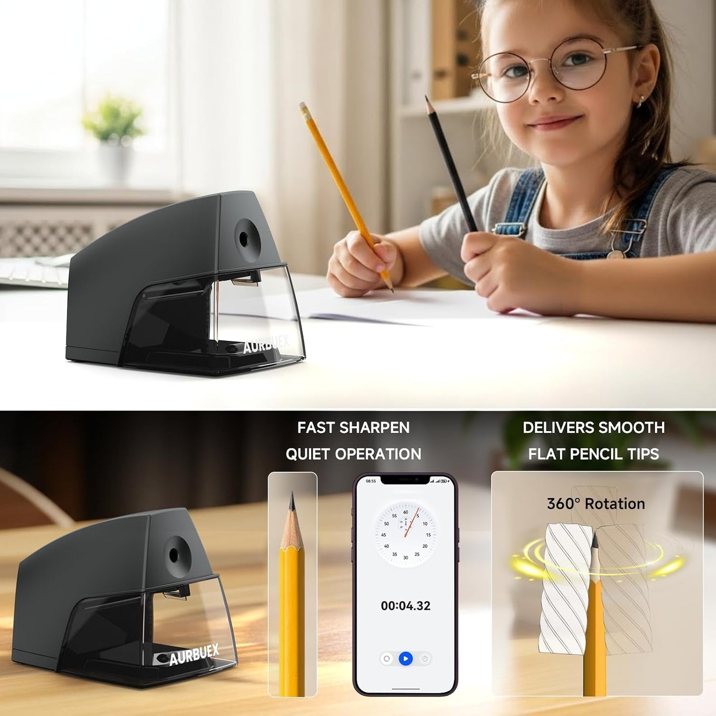 Aylifu Electric Pencil Sharpener for 6 to 8 mm Pencils Helical Blade Fast 4 Second Sharpening Large Shavings Bin Non Slip Feet Safe Design for Classroom Office and Home(S1131)