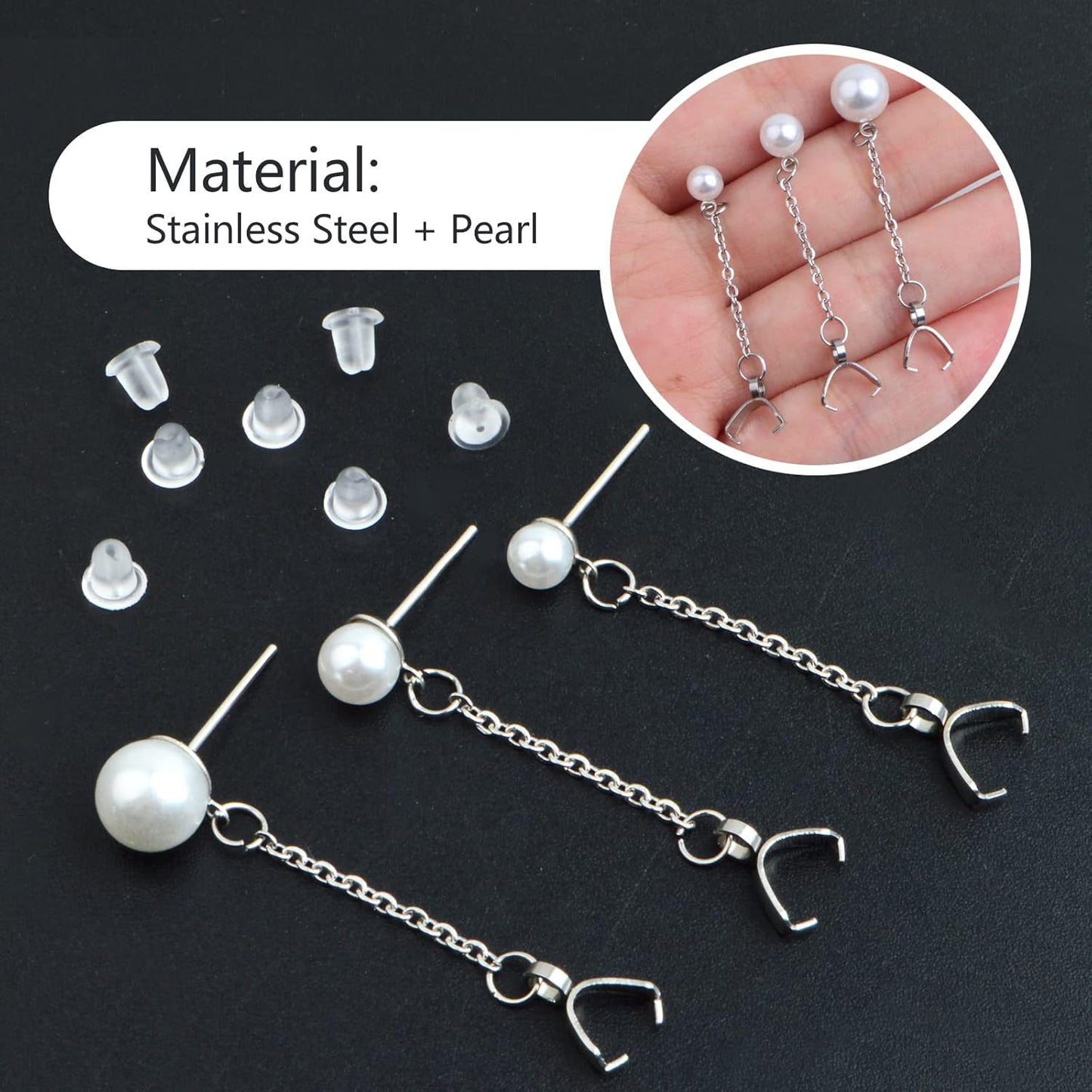 6pcs Stainless Steel Pearl Earring Studs Hypoallergenic Ear Posts with Loop and Pinch Clasp Chains, and 20pcs Clear Earring Backs for DIY Dangle Earring Jewelry Making, 3 Sizes