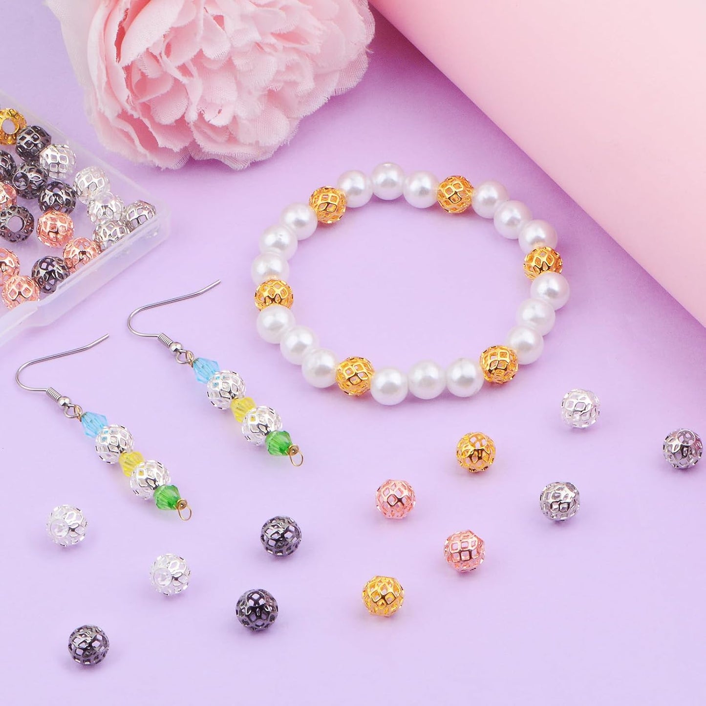 50pcs 8 mm Round Hollow Spacer Beads Brass Filigree Hollow Out Large Hole Loose Ball Beads with a Box for DIY Bracelet Necklace Earrings Jewelry Making, 5 Colors, Hole: 4 mm