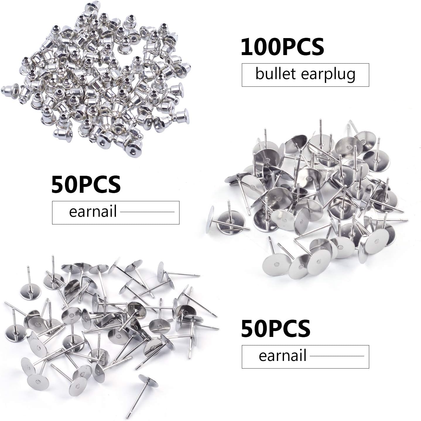 100 Pieces Stainless Steel Earrings Posts Flat Blank Earring Pin Studs (2 Size) with 100 Pieces Bullet Clutch Earring Backs for Earring Making Findings, Total 200 Pieces
