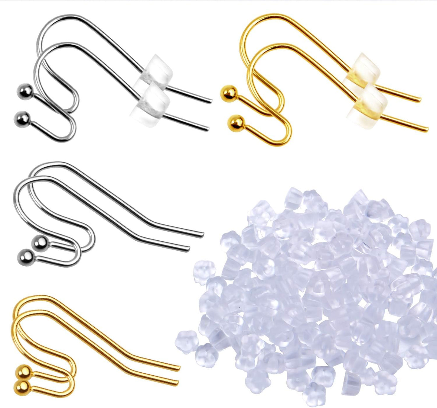 Earring Findings Bulk,200 Pieces French Earring Hooks Ball End Earwires with 200 Pieces Rubber Earring Stoppers for Dangling Earring Making,Golden and Silver