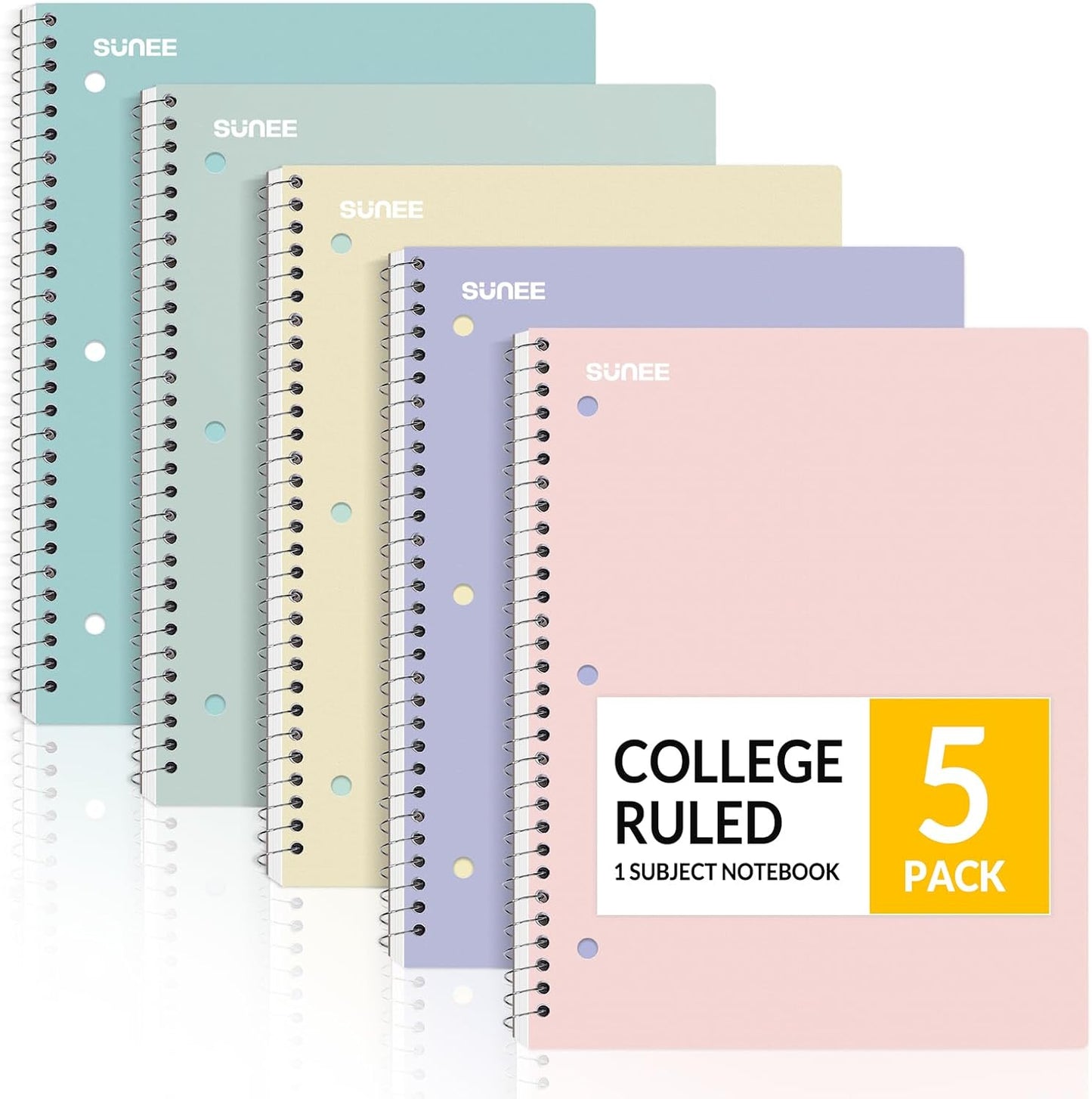 HENDEVL Spiral Notebooks, 1-Subject, 5 Pack, College Ruled Paper, 8" x 10-1/2", 70 Sheets per Notebook,3-Hole Punched Paper, Pink,Purple, Blue, Green, Yellow Spiral Lined Notebooks for School,Work