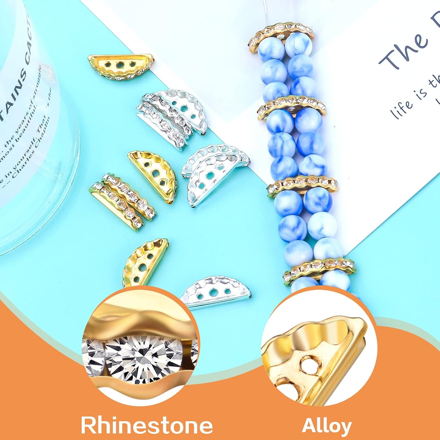 100pcs Rhinestone Spacer Bar Beads 3 Holes Alloy Half Round Crystal Spacers Link Connectors Beads for DIY Multi Strand Bracelet Crafts Jewelry Making, Gold and Silver, 19 mm x 7.5 mm