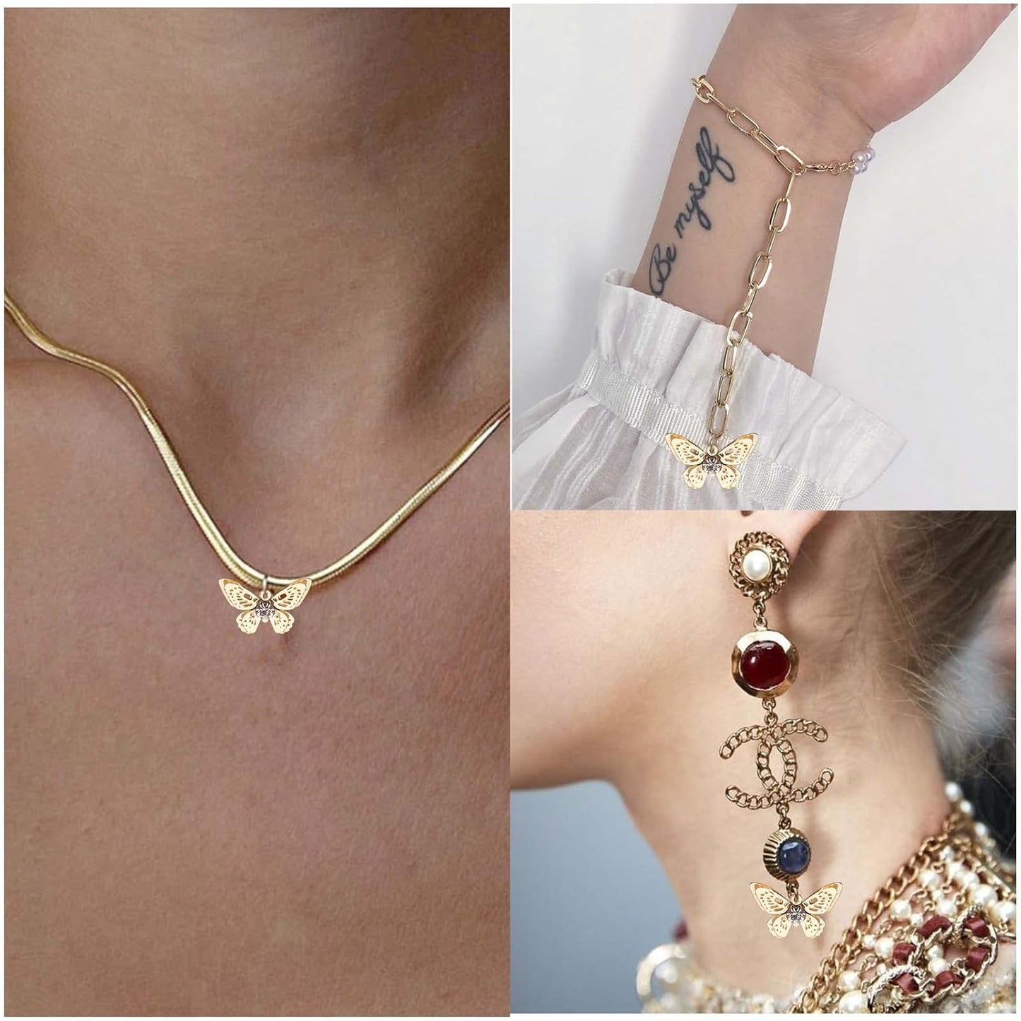 12pcs Golden Hollow Butterfly Insect Charms with Rhinestone Alloy Diamond Butterfly Animal Pendants with a Plastic Box DIY Necklace Earrings Jewelry Making Decor