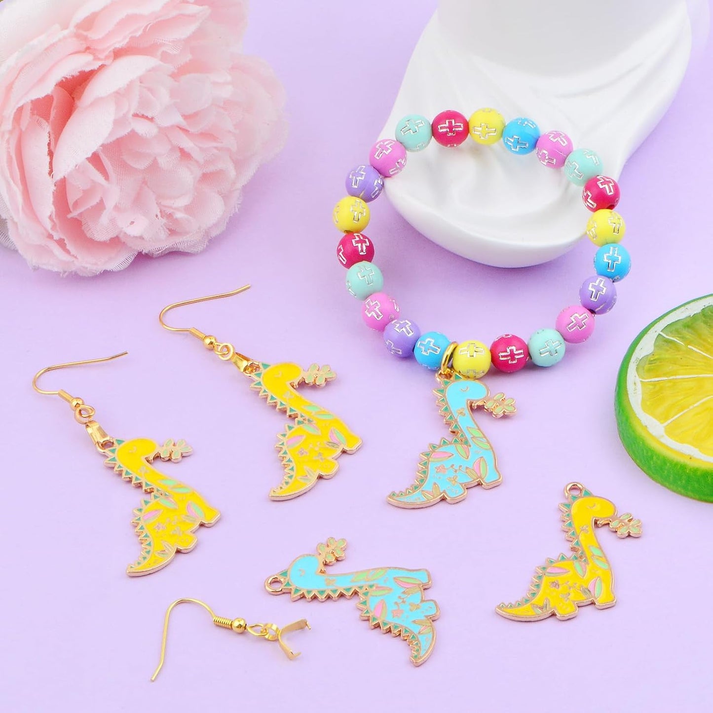 12pcs Golden Plated Colorful Enamel Dinosaur Pendant Charms and 12pcs Golden Hypoallergenic Earring Hooks for DIY Necklace Bracelet Dangle Earrings Jewelry Making