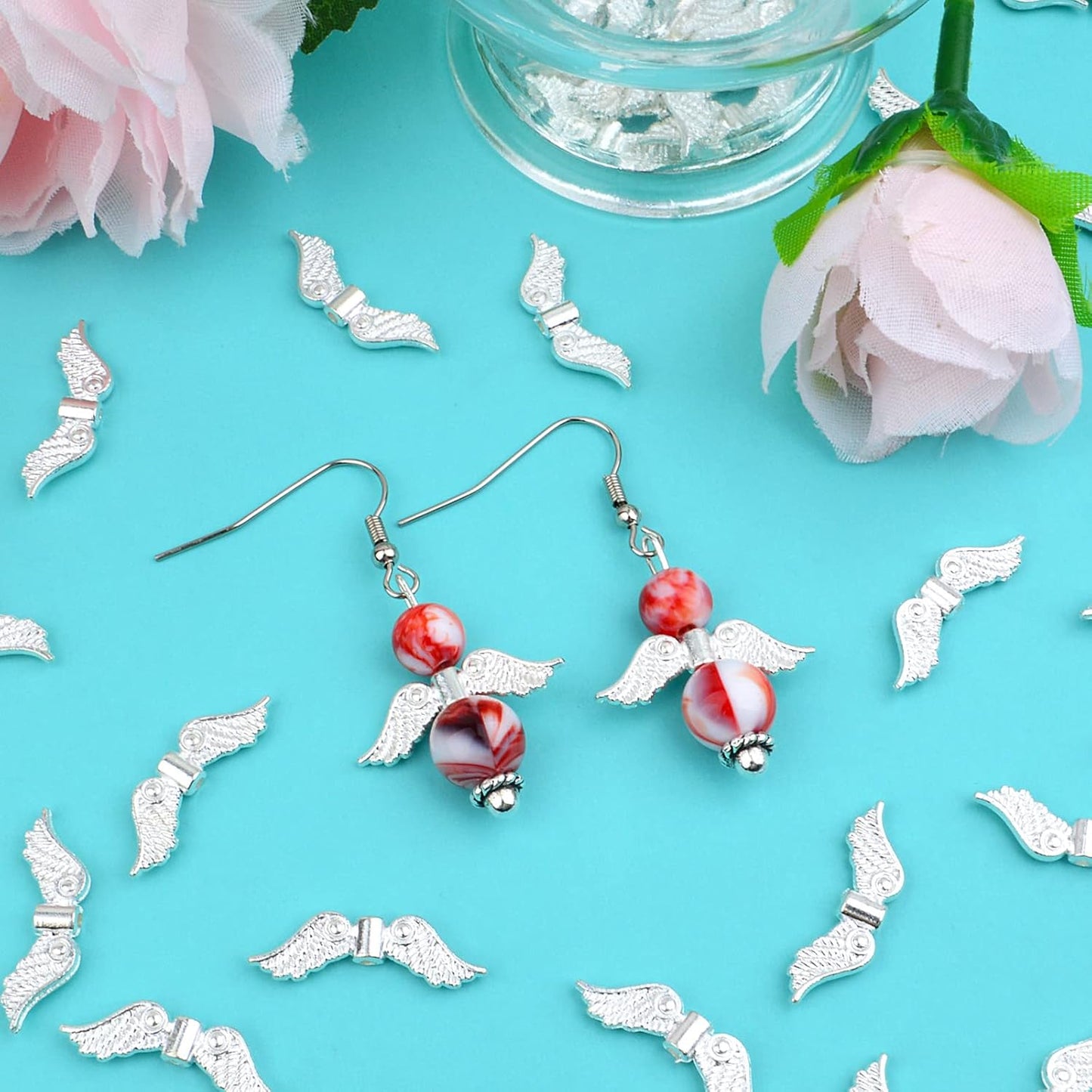 60pcs Tibetan Style Angel Wing Spacer Beads Alloy Small Hole Wing Loose Spacer Charm Beads Accessories for DIY Bracelet Necklace Earrings Jewelry Making, Bright Silver