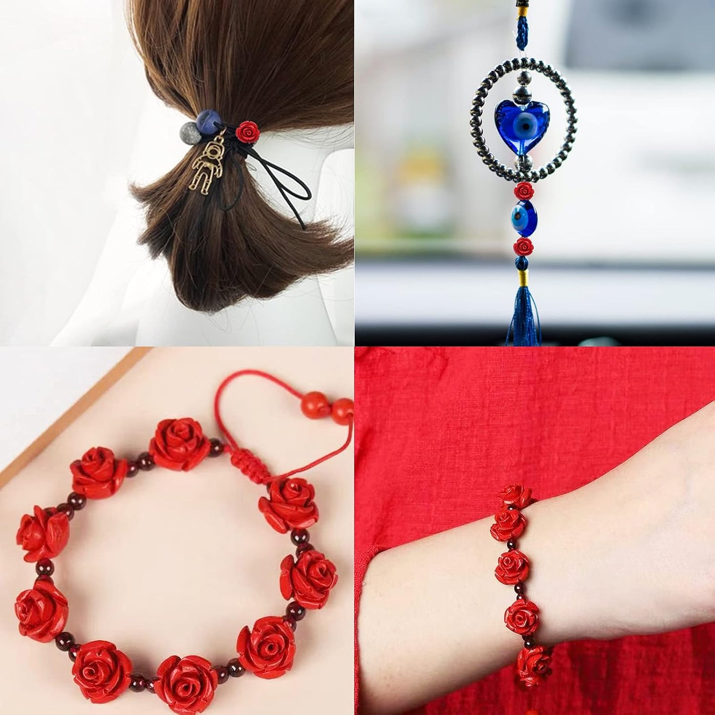 50pcs Cinnabar Carved Rose Beads Rose Flower Loose Beads for DIY Earrings Necklace Bracelet Jewelry Making Supplies Wedding Party Anniversary Favor Gifts, 10 mm x 8 mm, Hole: 1.5 mm