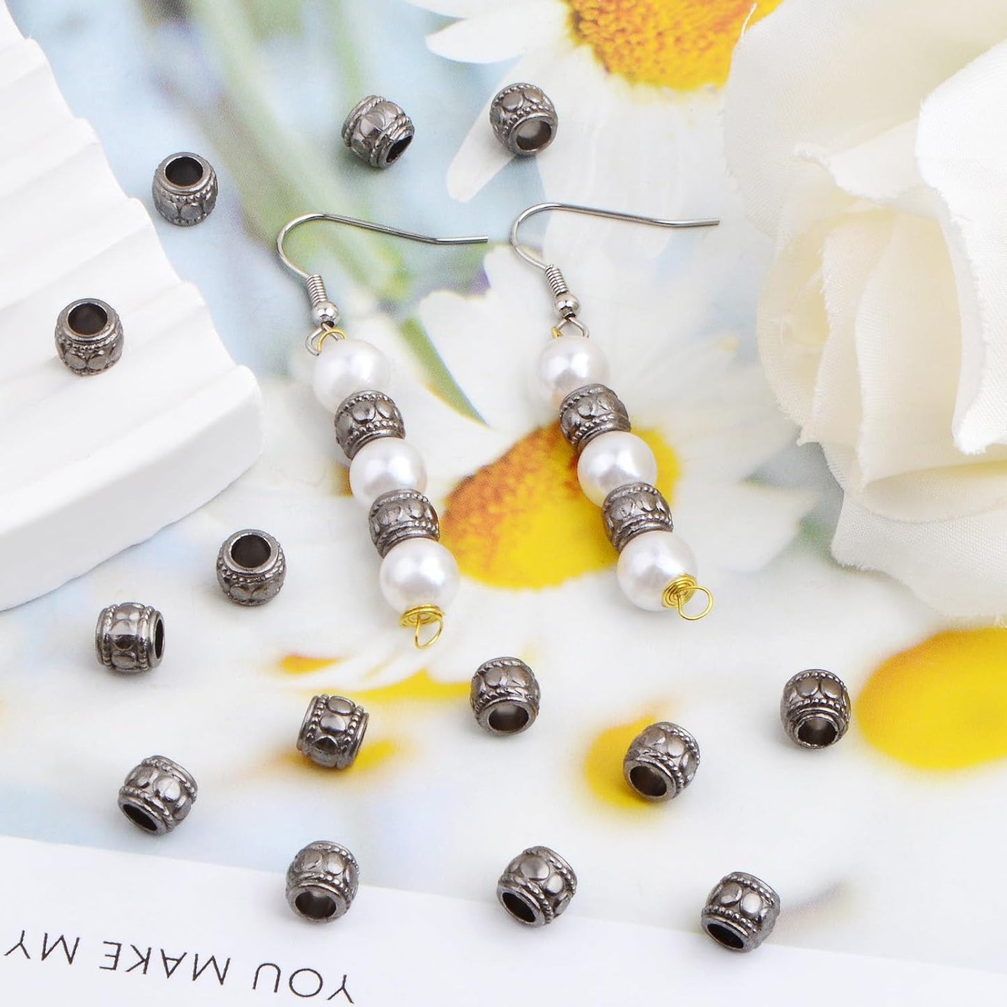 100pcs Large Hole Round Spacer Beads Alloy Column Tube Loose Beads Metal Decorative Bead Charms Handmade Accessories for DIY European Bracelet Jewelry Making Supplies, Gun Black