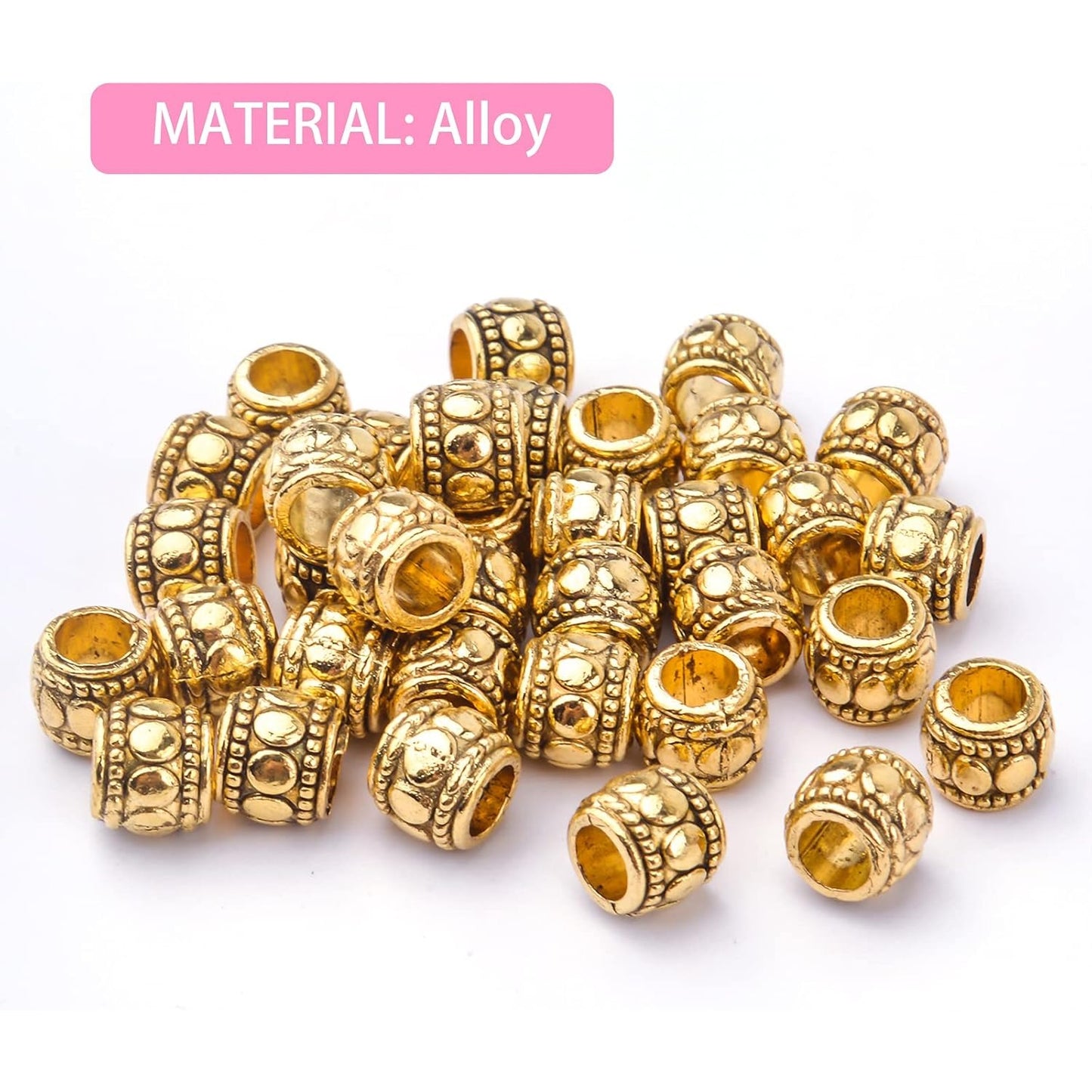 100pcs Antique Gold Large Hole Spacer Beads Tibetan Alloy European Barrel Beads Loose Charms for DIY Necklace Bracelets Jewelry Making Accessories, 7 mm x 6 mm, Hole: 4 mm