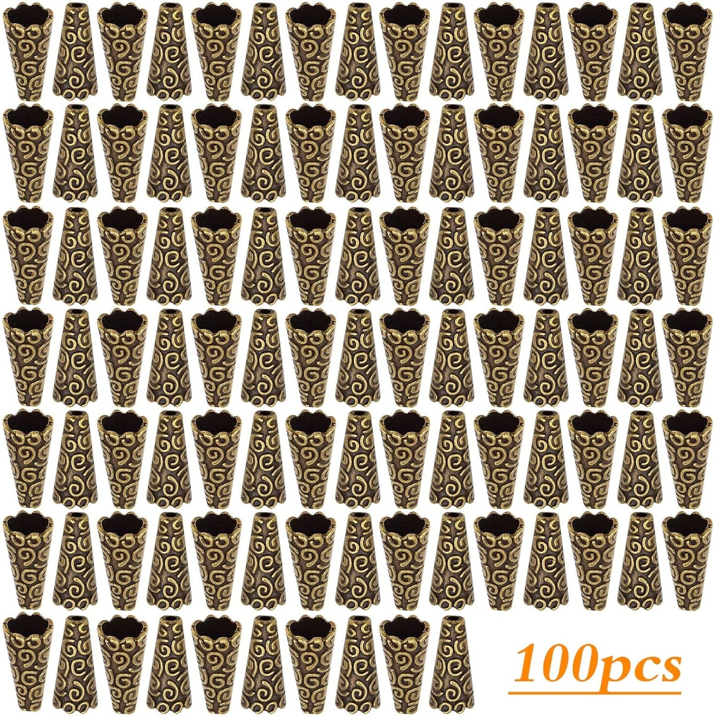 Beads Caps Making, 100pcs Antique Beads Caps Tibetan Style Cone Caps Metal Beads End Caps Flower Bead Caps Tassel Crafts DIY for Jewelry Making, 17.5 8.5mm