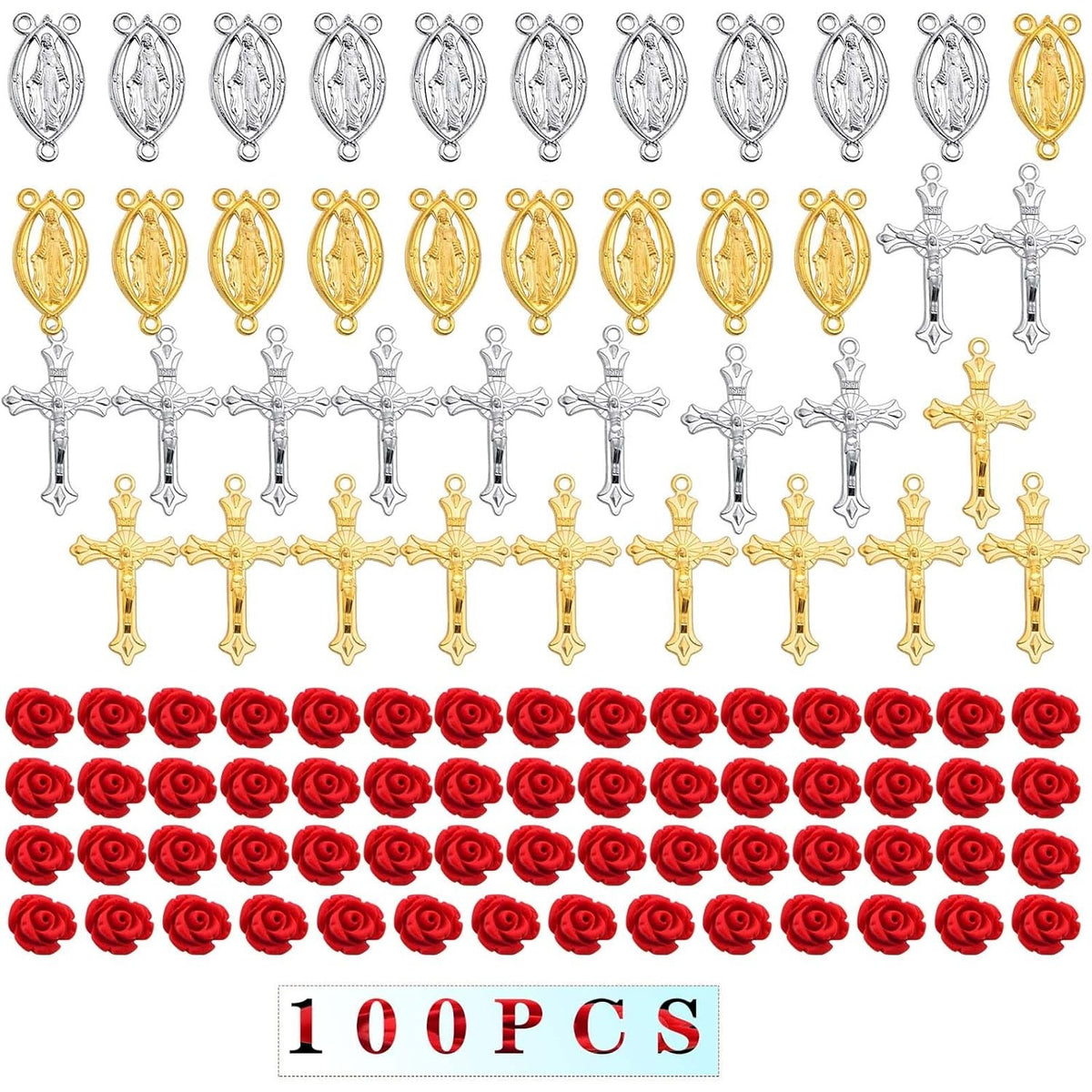 100pcs Rosary Cross and Center Charms 8mm Cinnabar Carved Red Rose Flower Beads Crucifix Cross Centerpiece Jesus Maria Medal Pendant Kit for Rosary Bracelet Necklace Jewelry Making