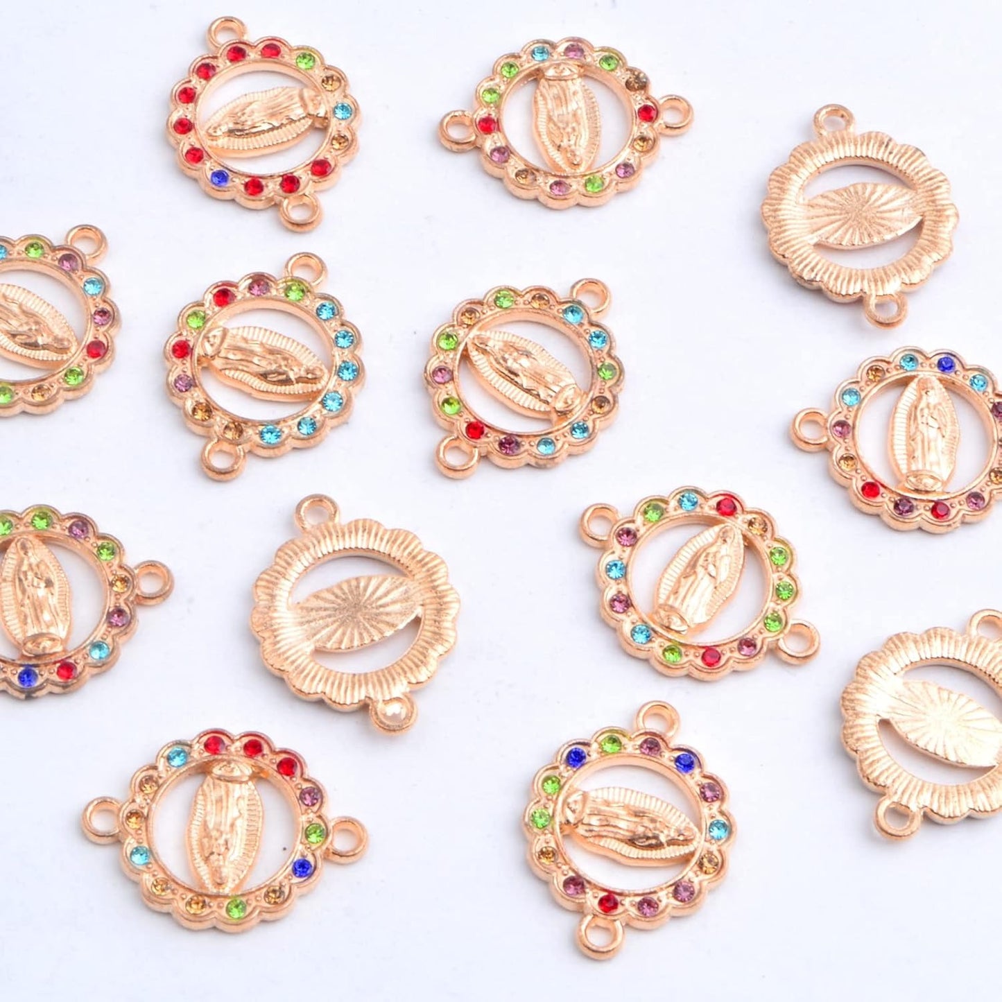 30pcs Alloy Enamel Colorful Rhinestones Virgin Mary Link Miraculous Medal Charms Our Lady Rosary Center Crucifix Bracelet Connector Pendants for DIY Jewelry Making Supplies