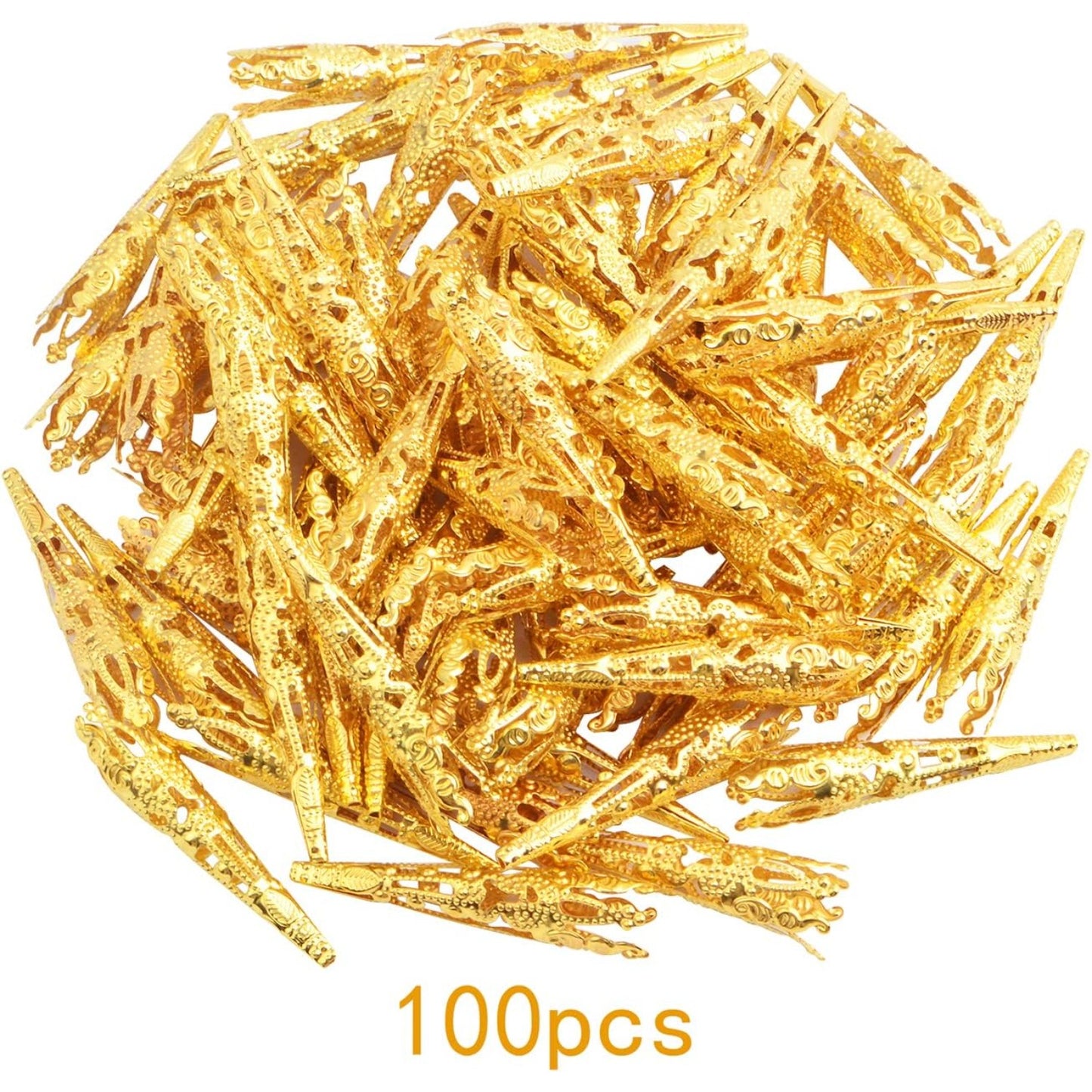 100pcs Golden Long Horn-shaped Flower Bead Caps Hollow Cone Bead End Caps Filigree Flower Spacers Hair Braid Beads for Women DIY Neckalce Earrings Hairpins Craft Projects