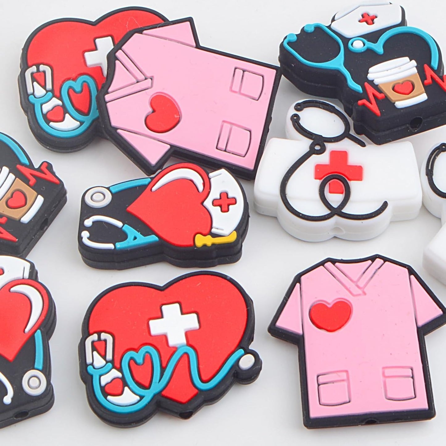 10Pcs Nurse Silicone Bead, Medical Stethoscope Hospital Floral Rubber Loose Spacer Beads Bulk Gifts for Necklaces Bracelets Keychain DIY Jewelry Making Crafts