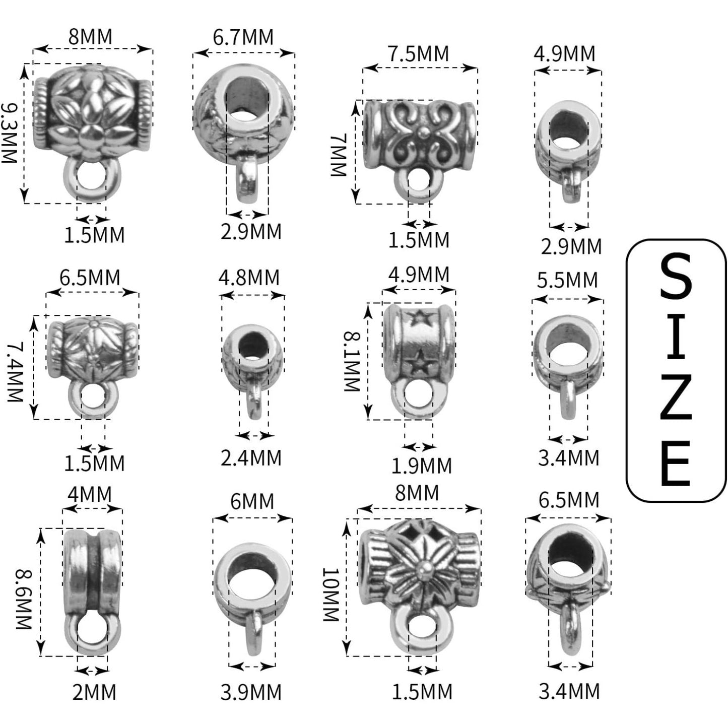 100g (120-220pcs) Tibetan Silver Bail Beads Jewelry Connector Bails Beads for Necklace Bracelet Jewelry Making,6 Styles