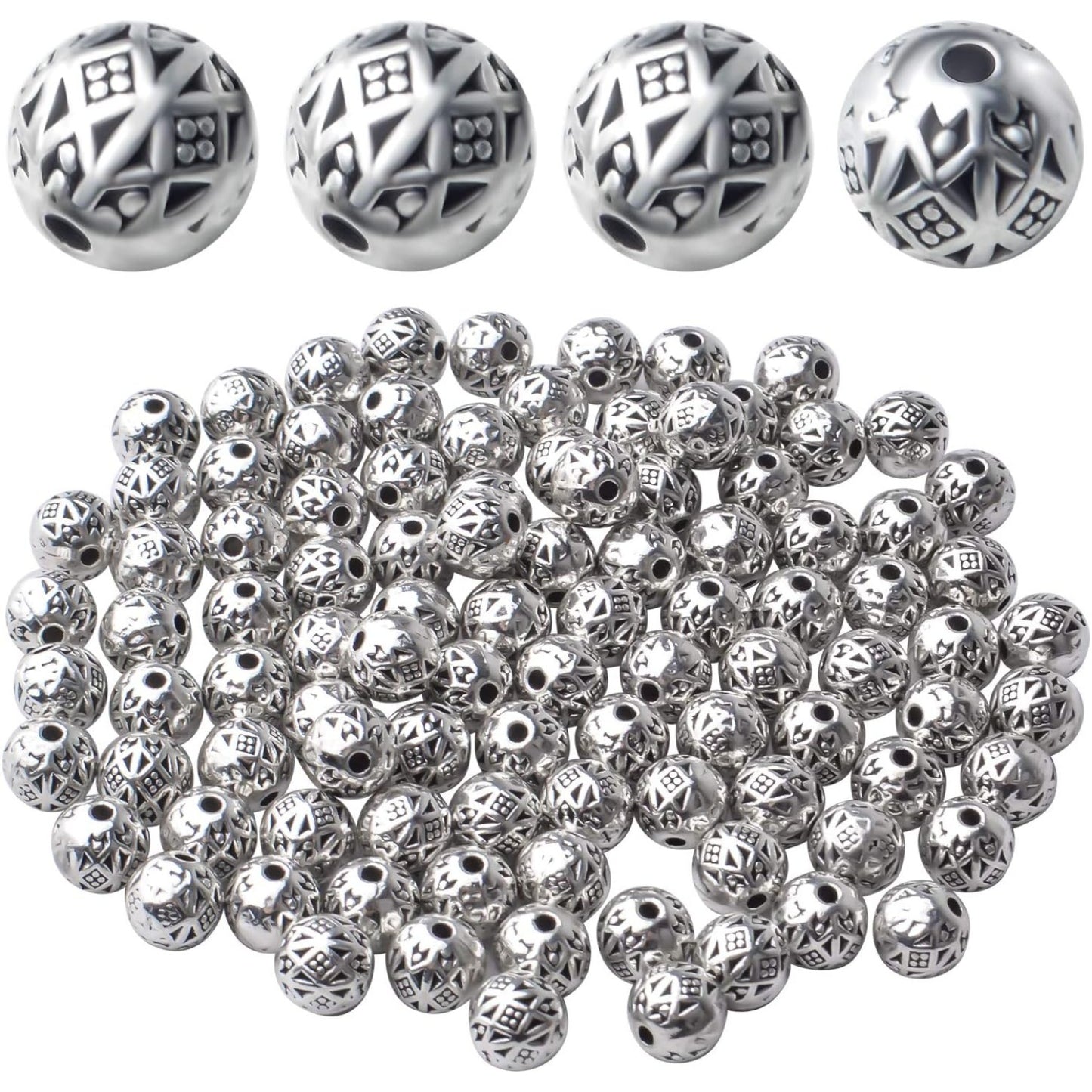 100pcs Antique Silver Tibetan Bead Spacers Alloy Rondelle Ball Spacers Loose Beads Jewelry Round Beads for DIY Crafts Supplies Jewelry Making,6MM