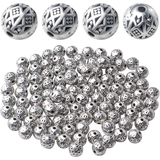 100pcs Antique Silver Tibetan Bead Spacers Alloy Rondelle Ball Spacers Loose Beads Jewelry Round Beads for DIY Crafts Supplies Jewelry Making,6MM