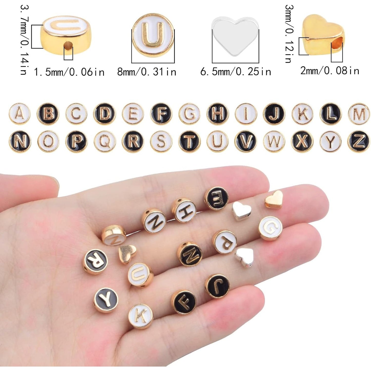 52pcs 2 Colors Enamel Alphabet Beads 8 mm Flat Round Initial Letter A-Z and 20pcs 2 Colors Alloy Heart Spacer Beads for DIY Bracelet, Necklace, Earrings Jewelry Making