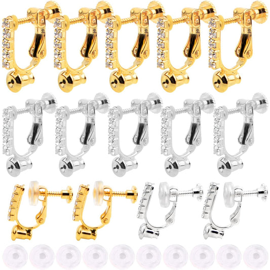 12pcs 2 Colors Clip-on Earring Converters Brass Screw Earclips Components with 5 Rhinestone and 12pcs Silicone Anti-pain Ear Pads for Non-Pierced Ears DIY Jewelry Making Findings