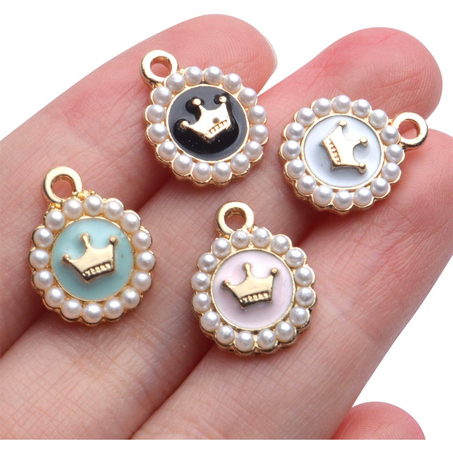 Enamel Pearl Crown Charms, 20pcs Enamel Pearl Round Alloy Colorful Crown Charms Pendants for DIY Necklaces Bracelets Jewelry Making Craft Supplies, Black, Pink, White, Green, 13x16mm
