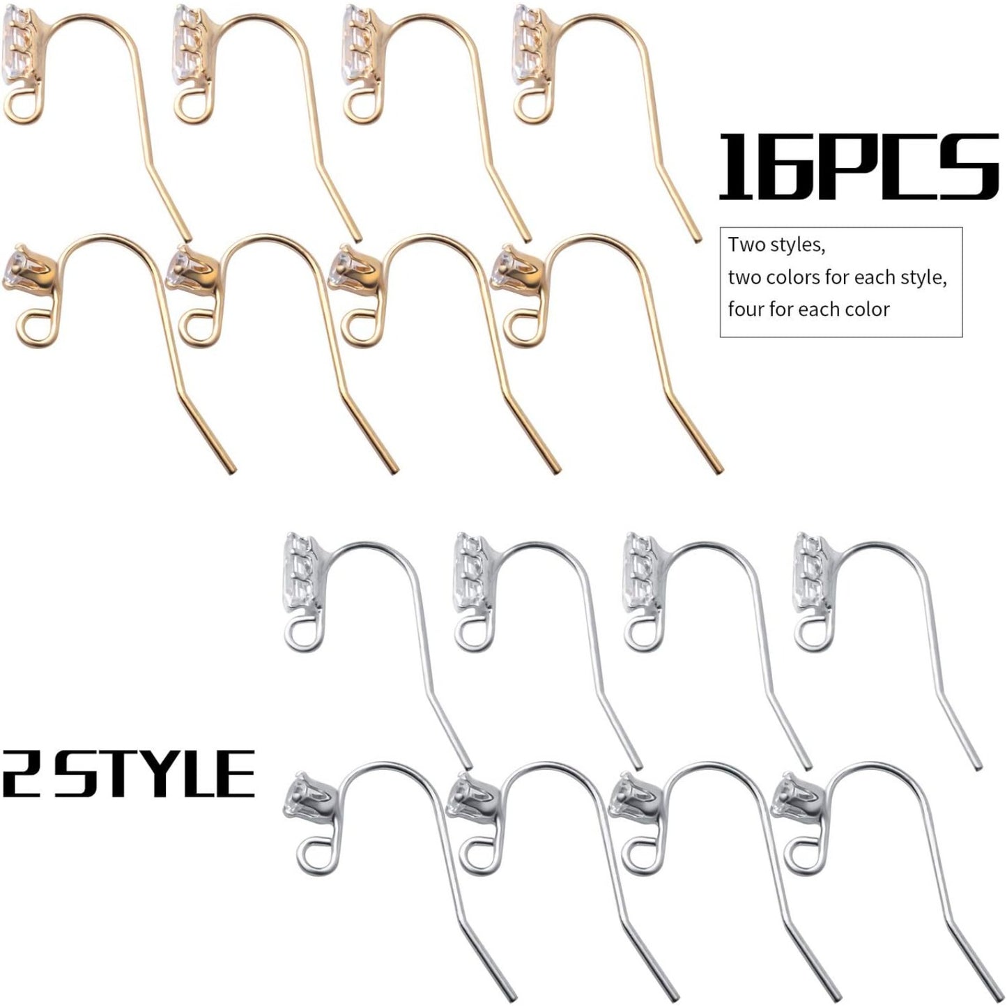 16pcs French Earring Hooks Ear Wire Hooks Hypo-allergenic Earring with Rhinestone Jewelry Earring Hook and A Box for Jewelry Making and DIY Earring Making