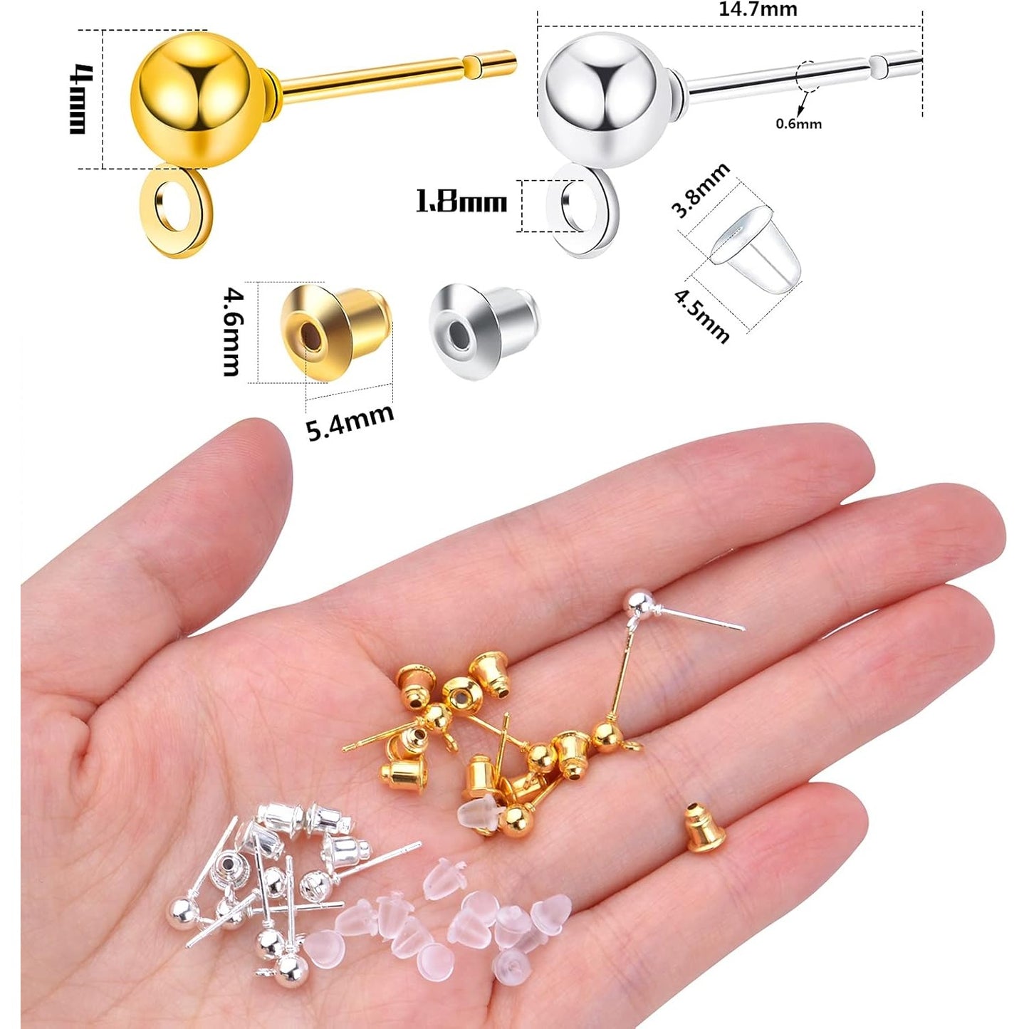 Ball Post Earring Studs, 100pcs Hypoallergenic Earring Studs Ball Ear Pin with Loop Round Ball Spherical Earrings and 300pcs Earring Safety Backs for Jewelry Making, Gold, Silver