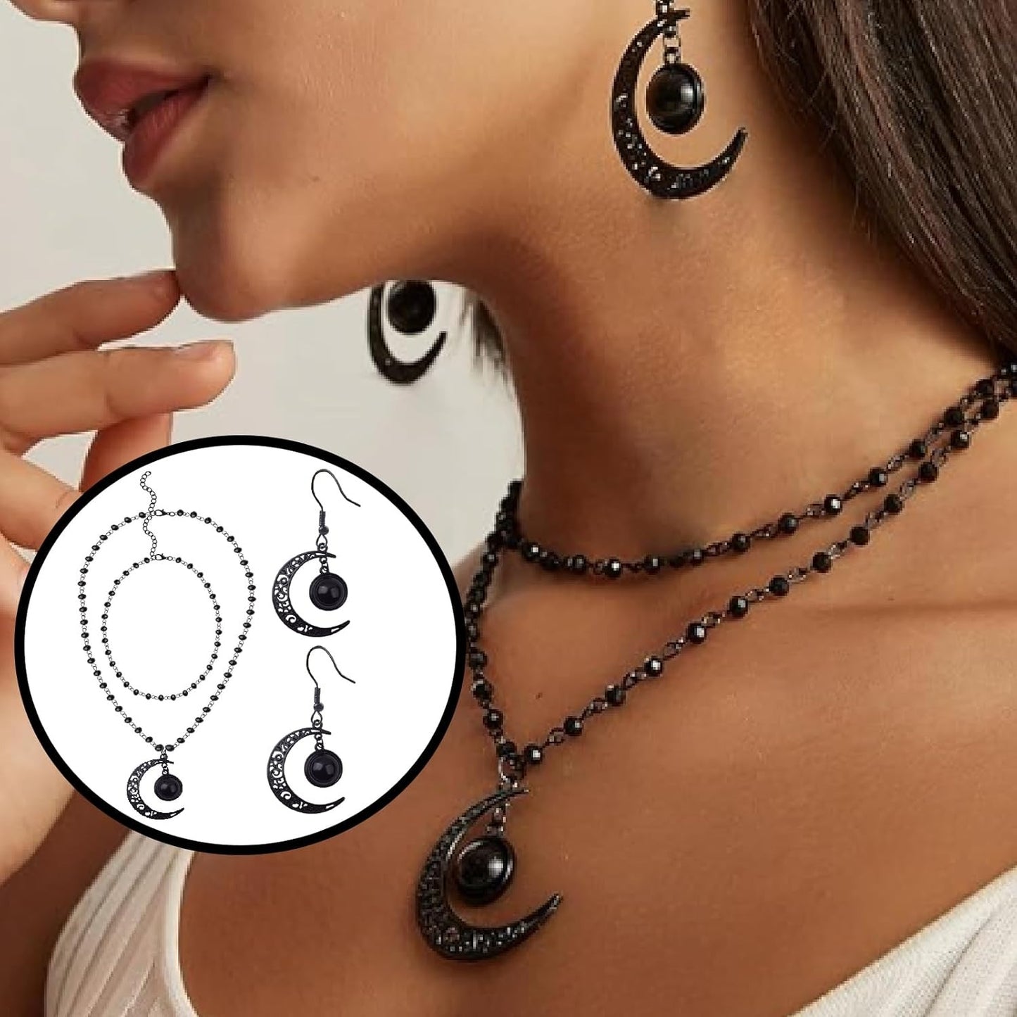 Gothic Y2K Layered Crescent Moon Necklace Black Beaded Pendant Choker Chain Moon Drop Dangle Earrings Goth Jewelry Sets for Women Ladies Halloween Party Costume Accessories