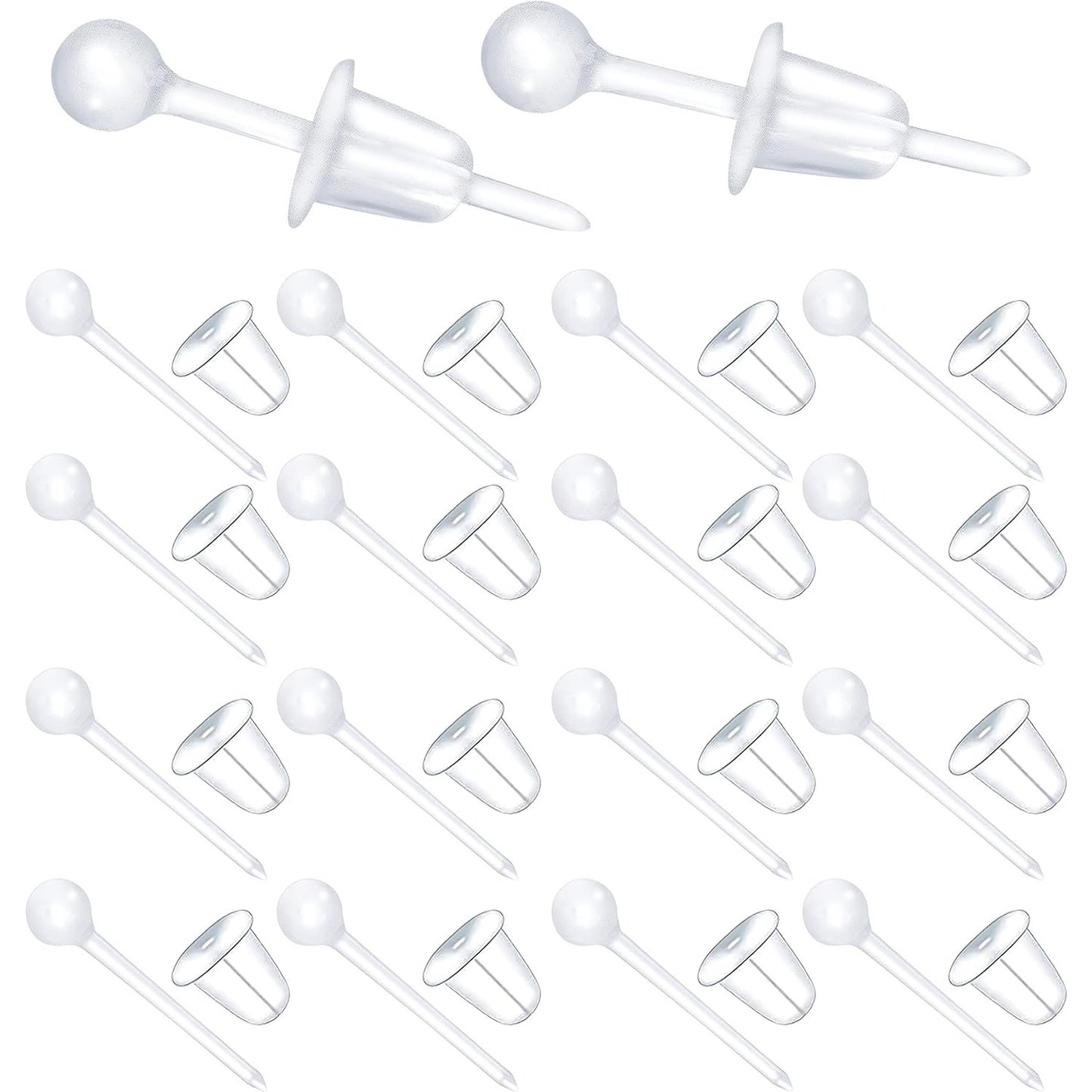 100pcs Clear Earring Posts Studs Plastic Earring Pin Studs Ball Stud Earrings and 100pcs Silicone Bullet Earring Backs for Men Women