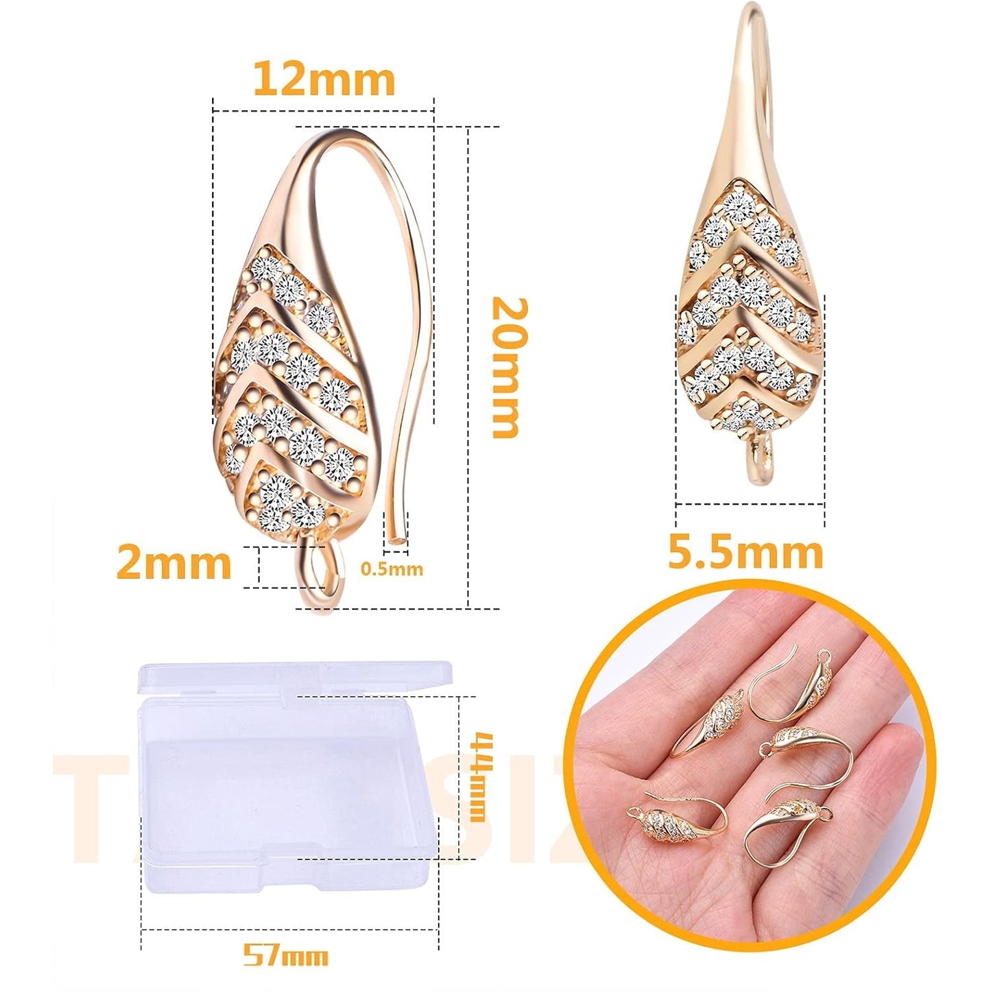 10pcs 14K Gold Cubic Zirconia Earring Hooks Brass French Fish Hooks Ear Wires with Loop Hole Dangle Earrings Connectors with a Plastic Box for Women DIY Jewelry Making