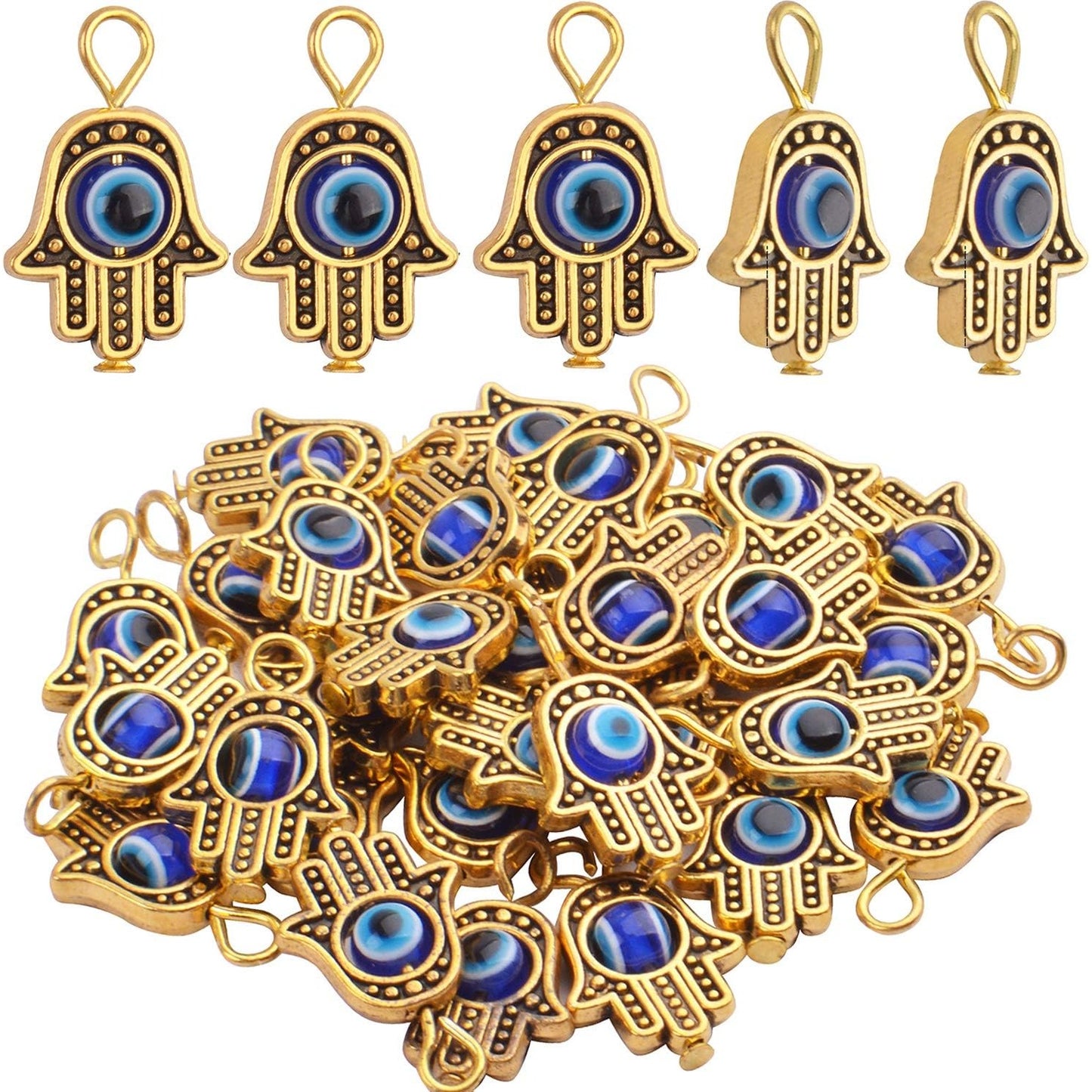 Hamsa Hand Beads Frame Charms,30 Pieces of Hamsa Evil Eye Pendant Hand of Fatima Symbol Charms Jewelry Making Findings for DIY Necklace Bracelet(Gold & Silver & Bronze)