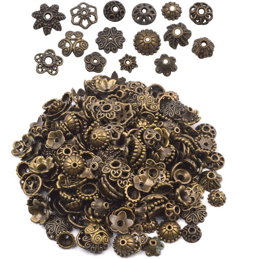 100 Gram(About 150-250pcs) Bali Style Jewelry Making Metal Bead Caps Deluxe New Mix,Bronze