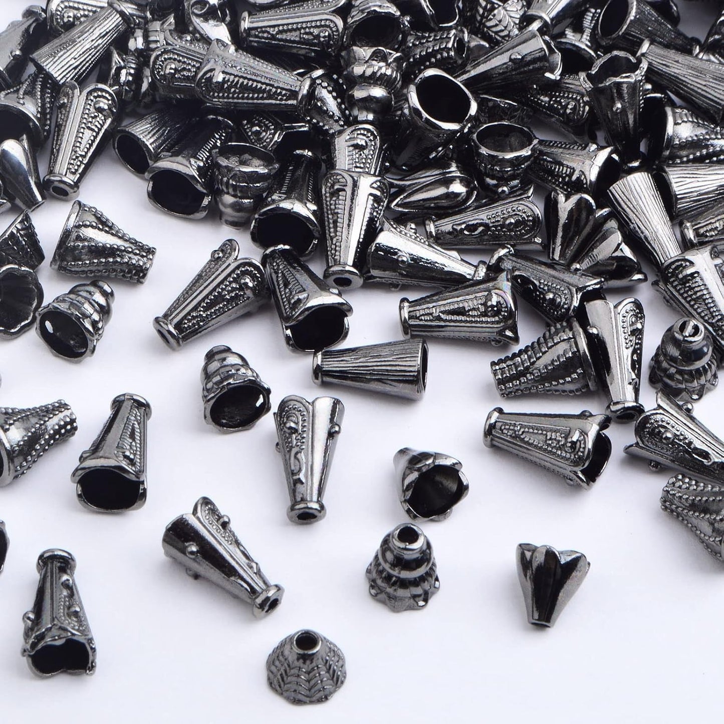 100 Gram (About 110-150pcs) Assorted Styles Cone Bead Caps Tibetan Alloy Flower Spacer Bead Caps Tassel End Caps for DIY Crafts Jewelry Making Supplies, Gun Black
