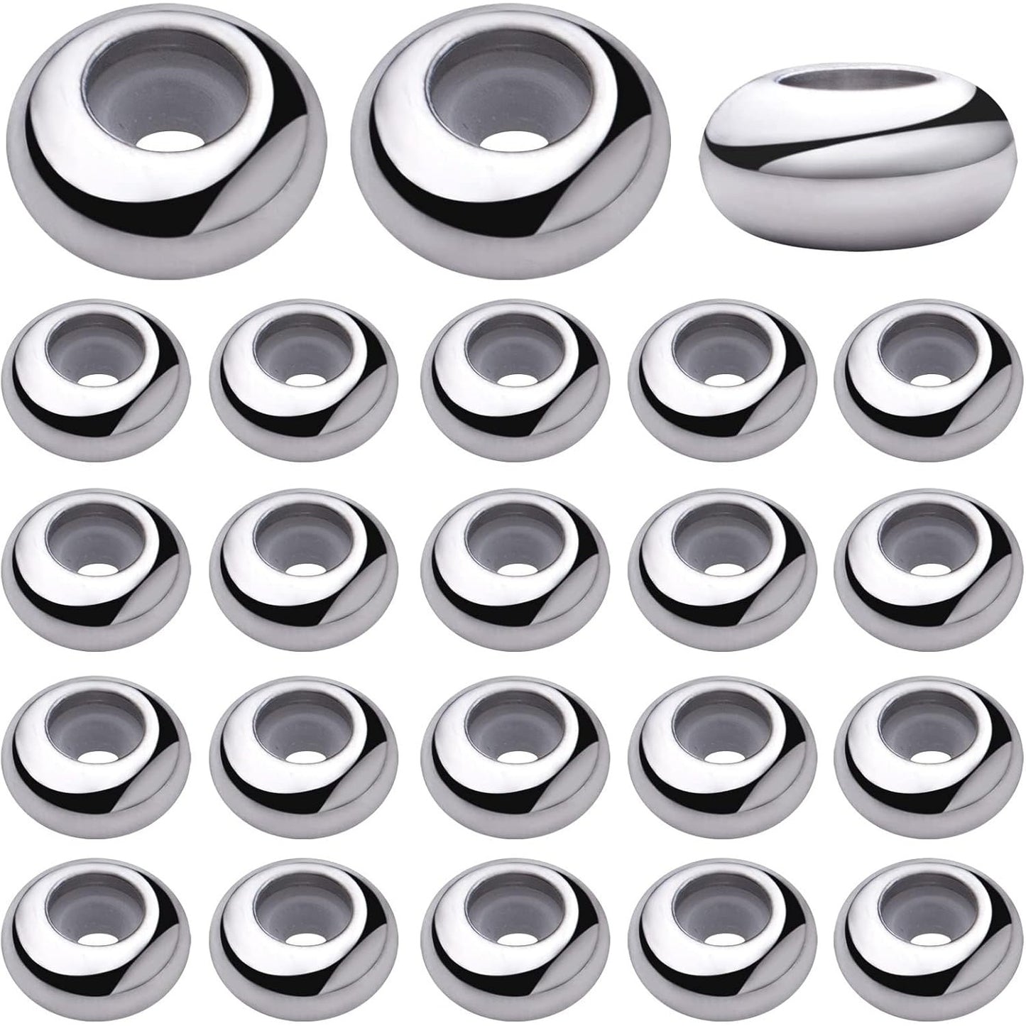 30pcs Stainless Steel Rondelle Stopper Beads with Rubber Inside Metal Loose Beads 2mm Hole Positioning Spacer Beads for DIY Jewelry Making Accessories