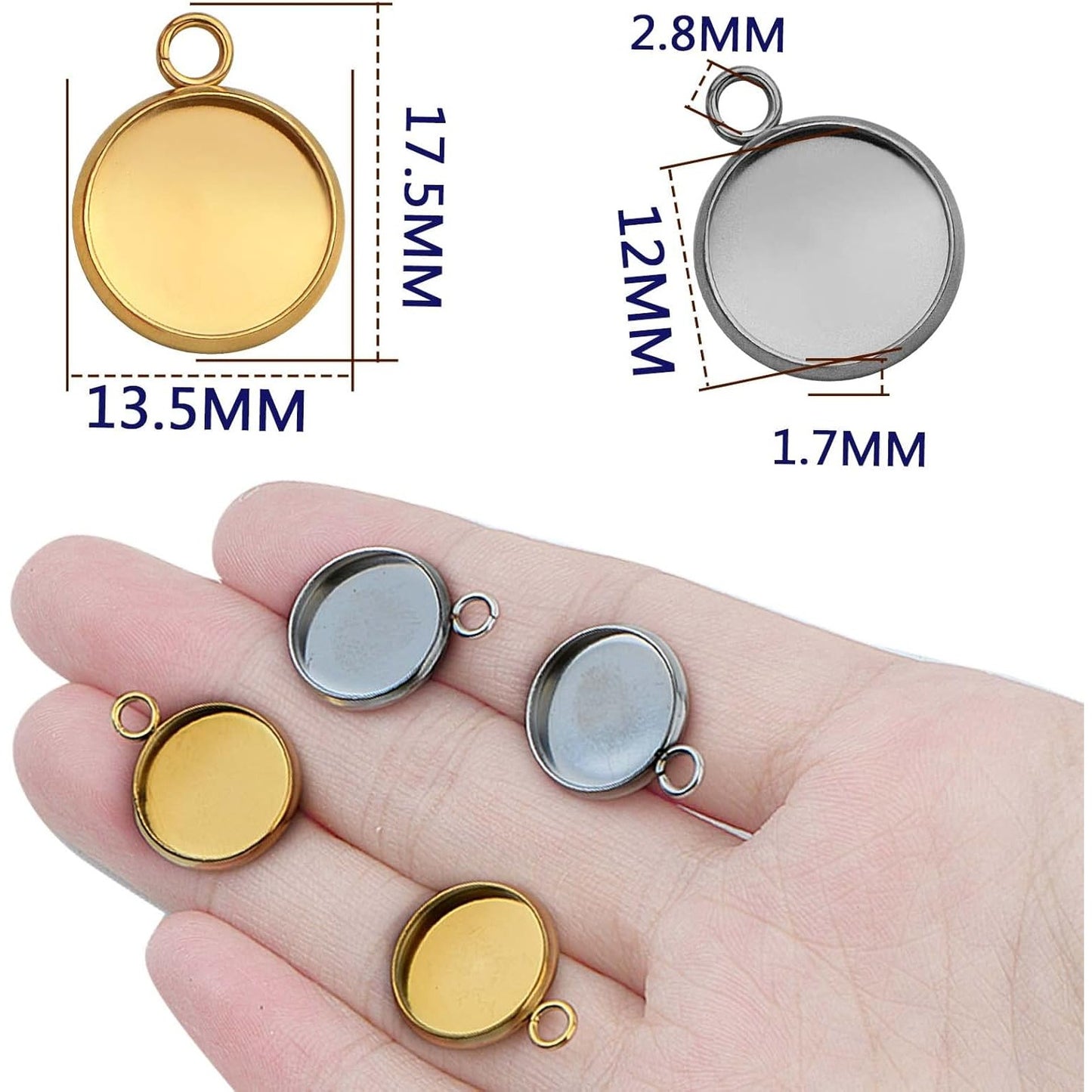 40 Pieces Stainless Steel Cabochon Settings Frame Pendant Trays Charms Fit 12 mm Flat Round Blank Bezel Trays for Cameo Pendants Photo DIY Jewelry Making, 2 Colors