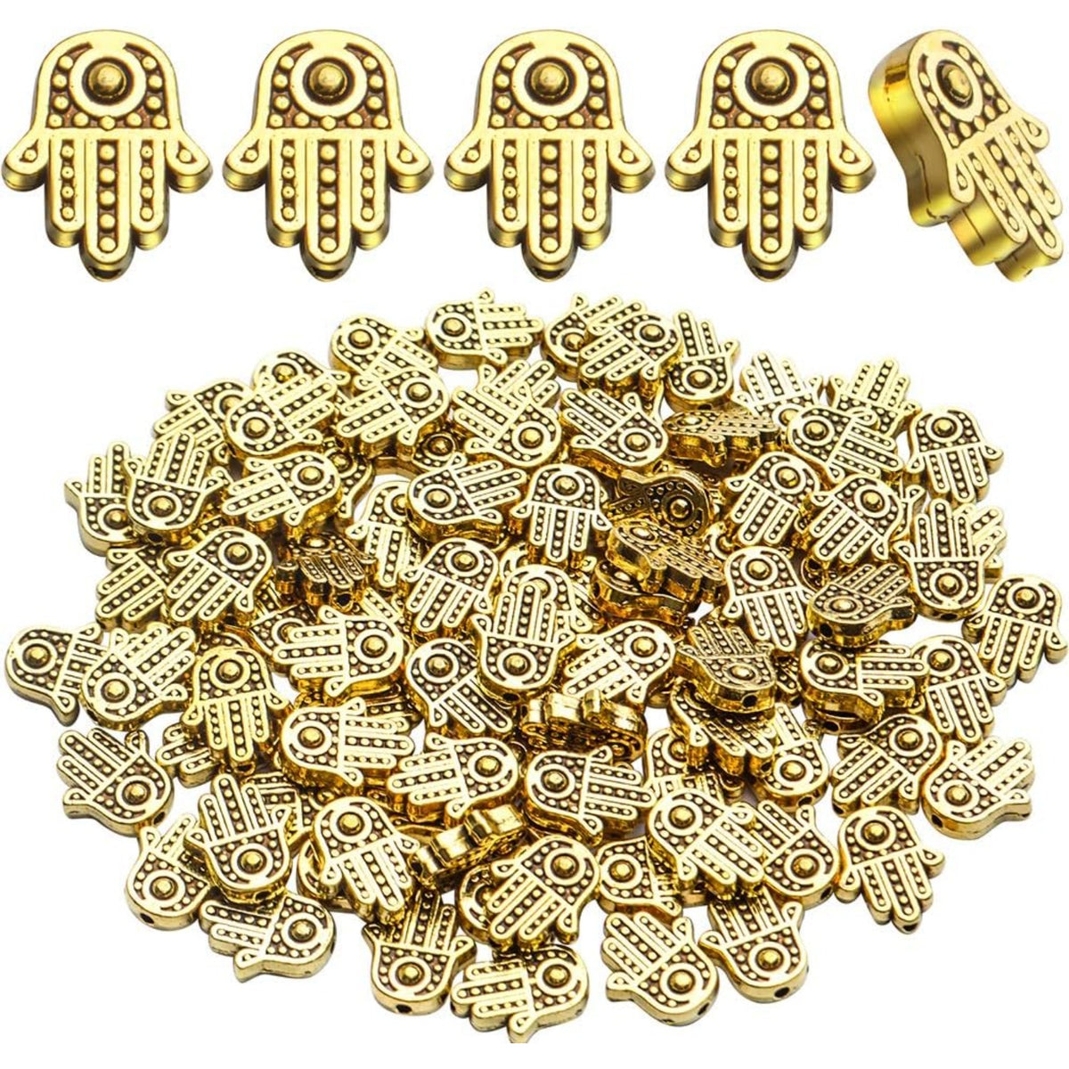 Hamsa Hand Beads, 100pcs Tibetan Alloy Fatima Hand Charms Bead Frames Spacers Craft Supplies for DIY Necklace Bracelet Jewelry Making, 12x10mm, Antique Golden