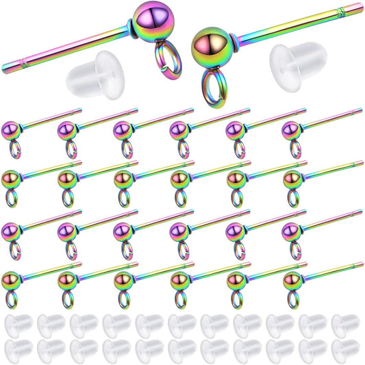 30pcs 3 mm Hypoallergenic Ball Post Earring Studs with Loop Stainless Steel Round Ball Earring Pins and 30pcs Clear Earring Safety Backs for DIY Jewelry Making, Rainbow Color