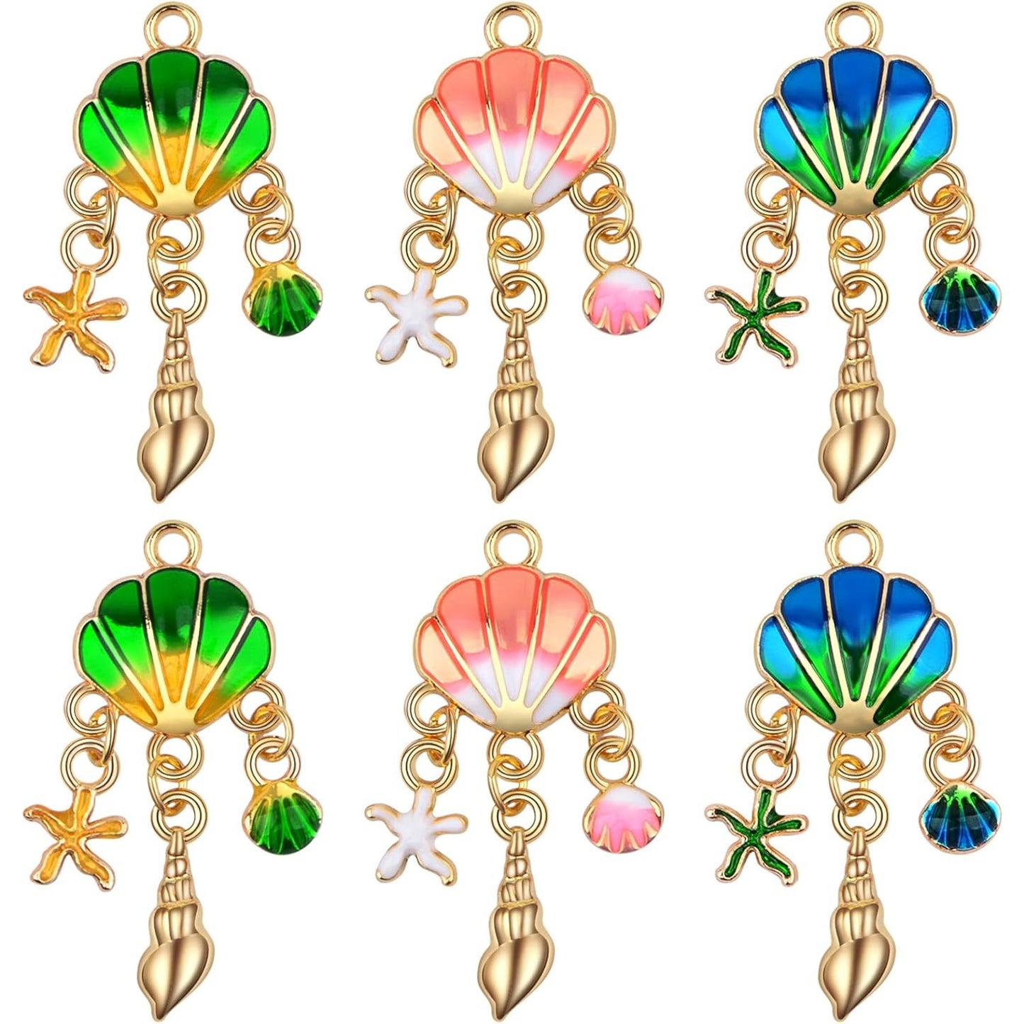 12pcs Golden Plated Enamel Shell Charms with Starfish Conch Seashell Colorful Ocean Seashell Beach Dangle Pendants for DIY Necklace Bracelet Earrings Jewelry Making