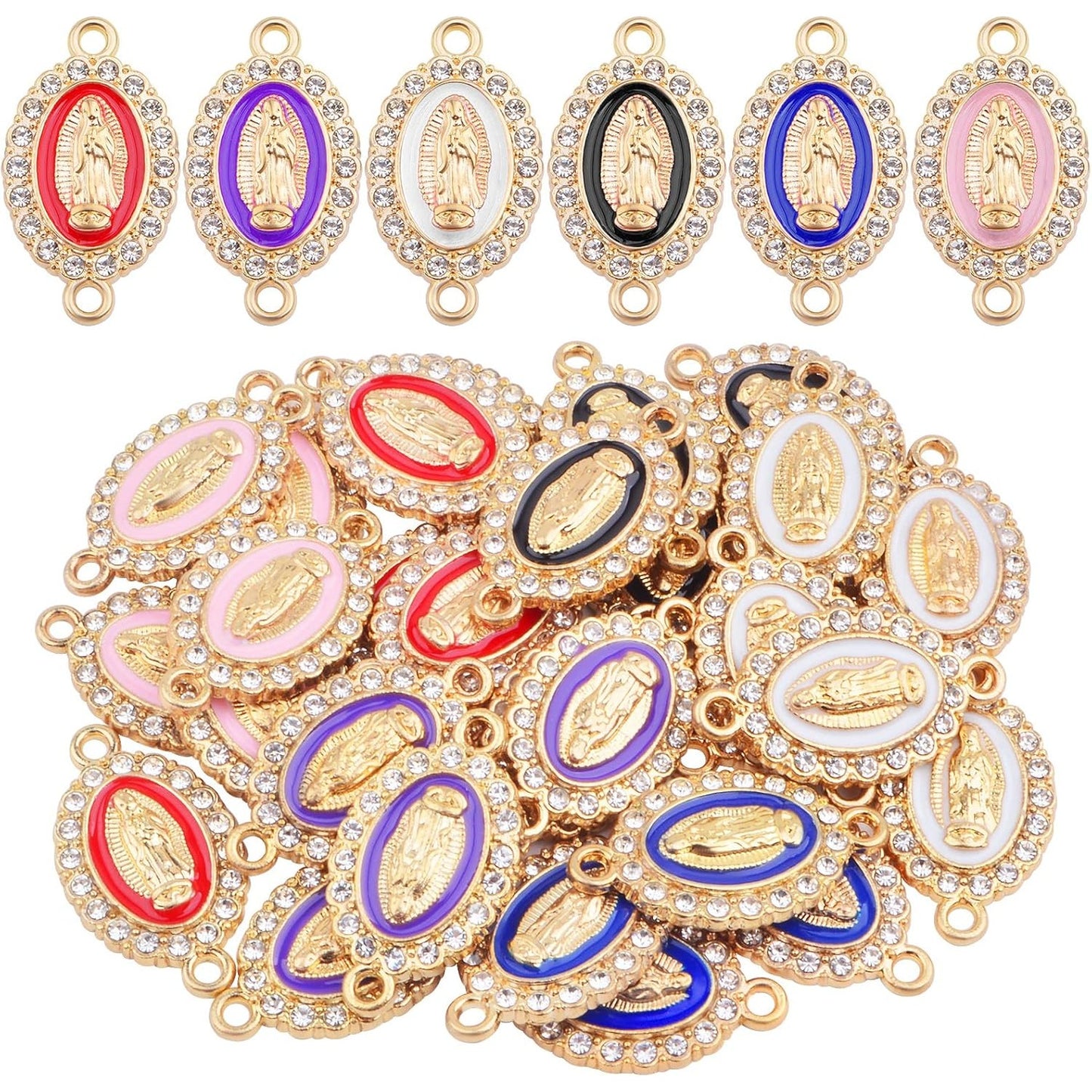 30pcs Alloy Enamel Virgin Mary Charms Links Rhinestones Our Lady Miraculous Medal Charms Crucifix Connection Bracelet Pendant for DIY Necklace Jewelry Making, 6 Colors