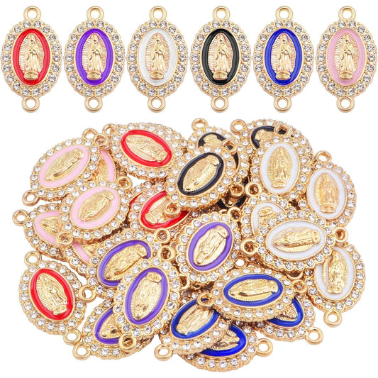 30pcs Alloy Enamel Virgin Mary Charms Links Rhinestones Our Lady Miraculous Medal Charms Crucifix Connection Bracelet Pendant for DIY Necklace Jewelry Making, 6 Colors