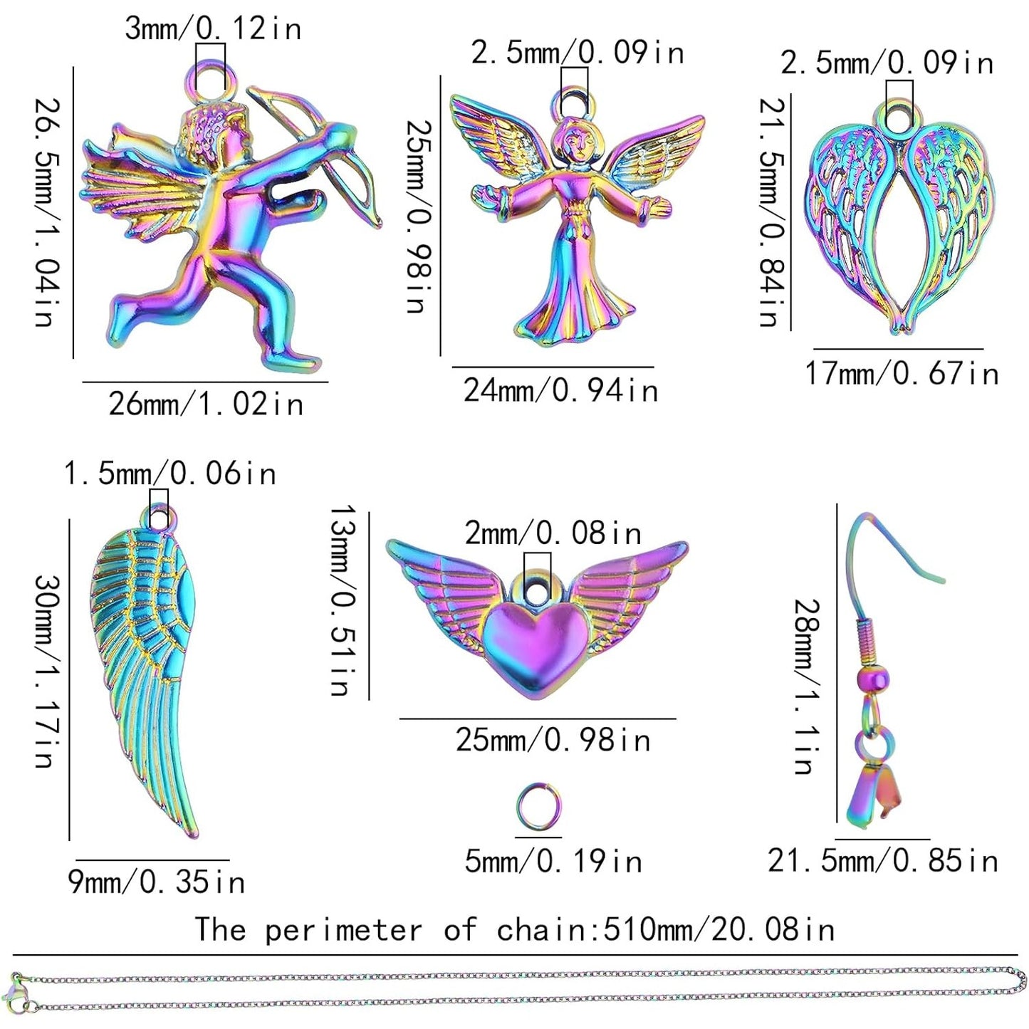 10pcs 5 Styles Angel Theme Charms Alloy Angel Wings Pendants, 2pcs French Earring Hooks and 1pcs Pendant Necklace for DIY Dangle Earrings Jewelry Making Supplies, Rainbow Color