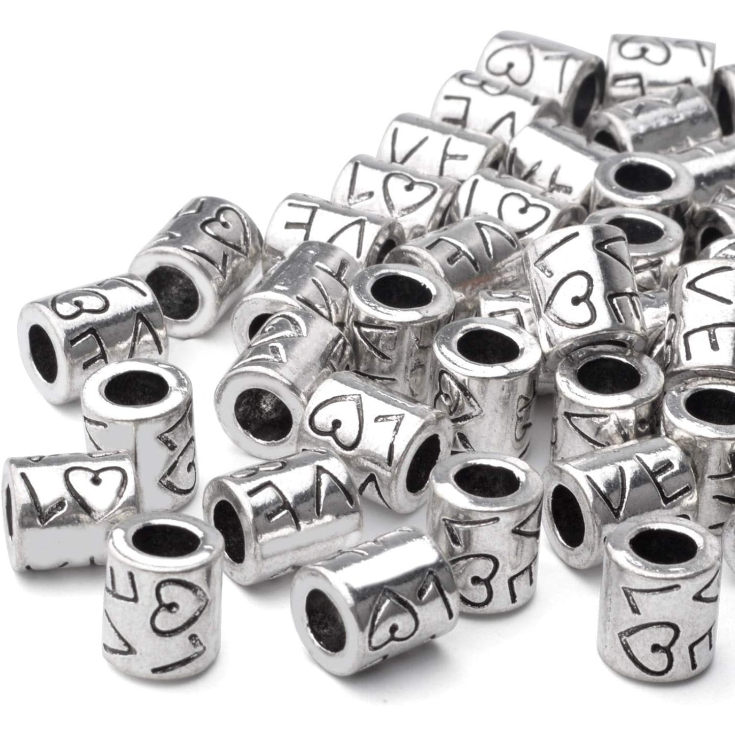 50pcs Tibetan Antique Silver Large Hole Spacer Beads 'Love' Word Column Beads Tube Spacers for Bracelet Necklace Jewelry Crafts Making Supplies