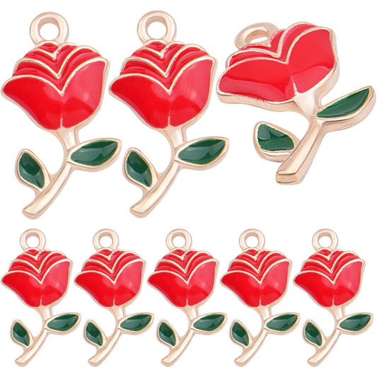30pcs Enamel Rose Flower Charm Pendants Lovely Dangle Charms for Valentine's Day DIY Bracelet Necklace Earrings Jewelry Making, Red