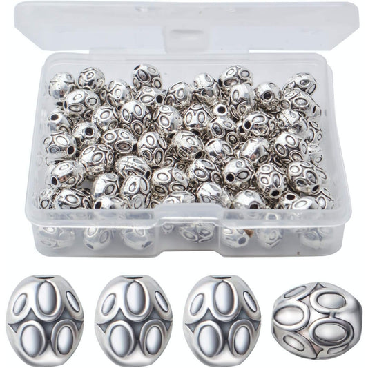 100pcs Antique Silver Tube Spacer Bead Tibetan Alloy Spacers Oval Bead Spacers Jewelry Spacer Charms with A Box for DIY Jewelry Crafts Making Supplies