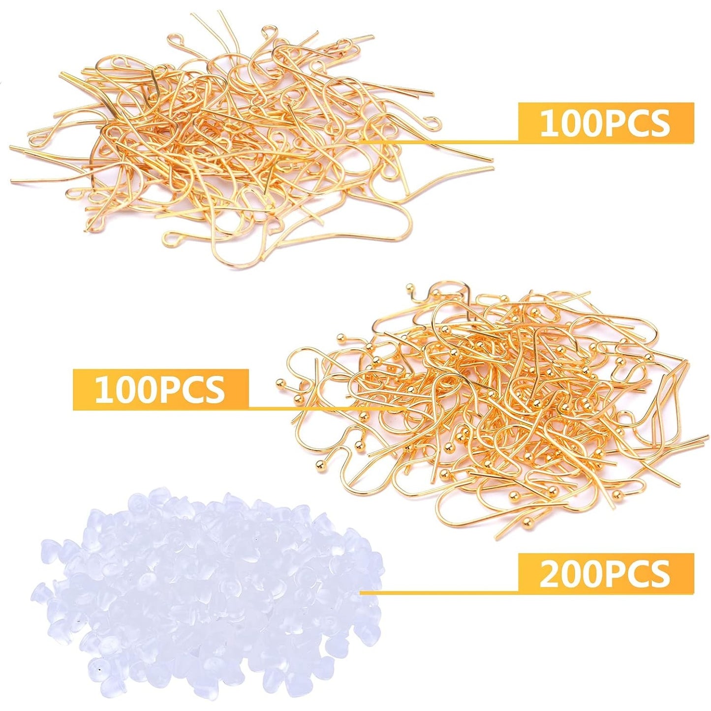 200pcs Gold Hypo-allergenic French Earring Hooks Ear Wire Ball Dots Fish Hooks Dangle Earring Findings and 200pcs Clear Rubber Earring Safety Backs, 2 Styles
